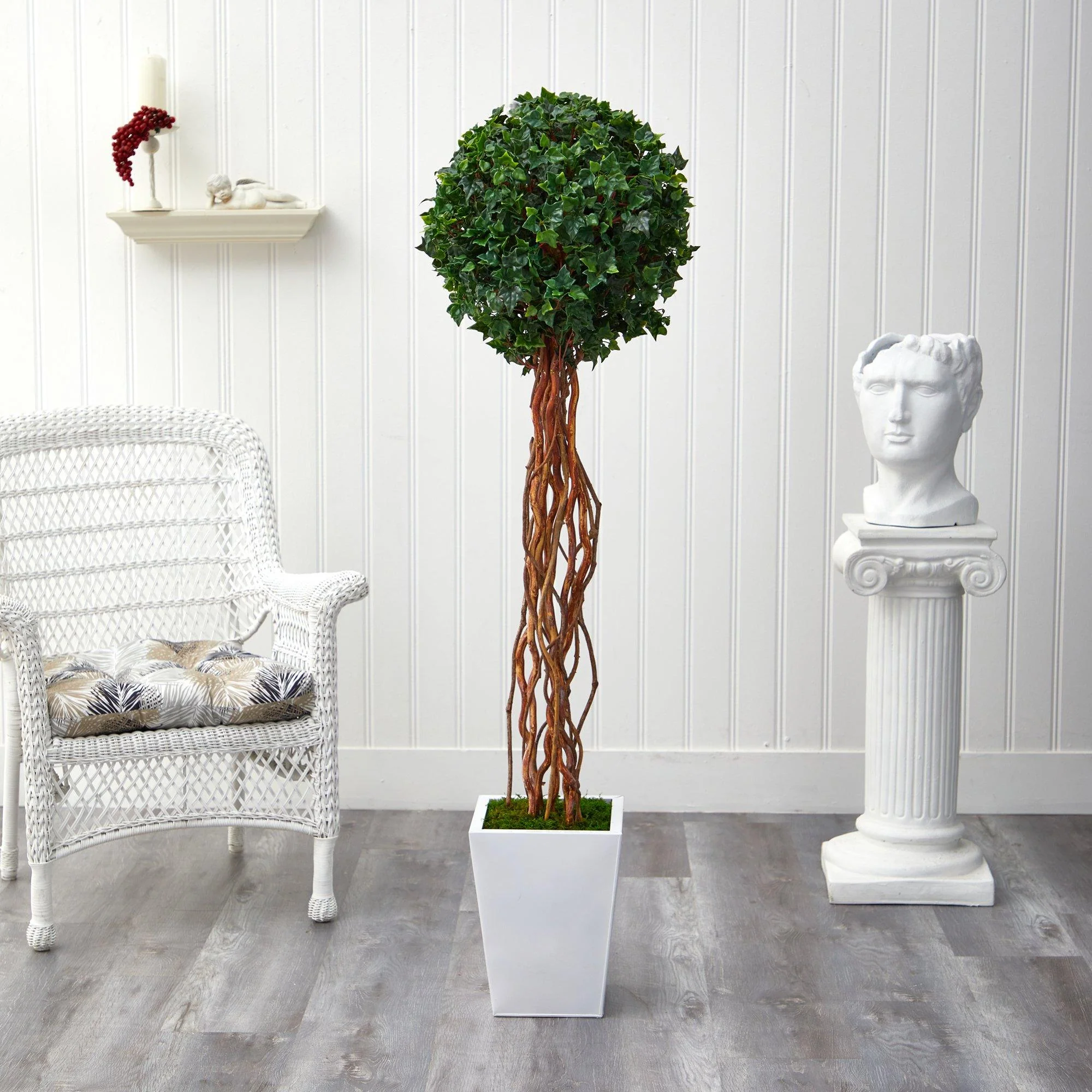 62” English Ivy Single Ball Artificial Topiary Tree in White Metal Planter (Indoor/Outdoor) - Image 3