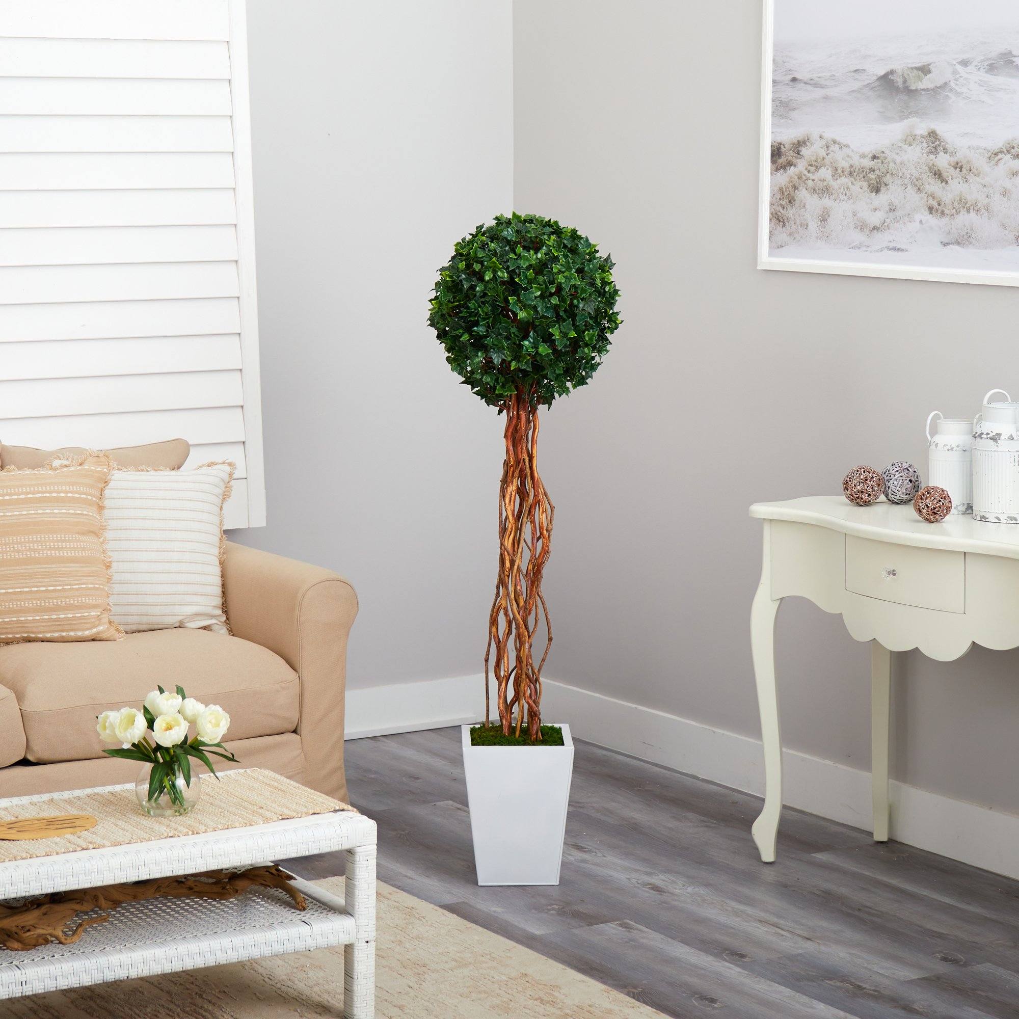 62” English Ivy Single Ball Artificial Topiary Tree in White Metal Planter (Indoor/Outdoor) - Image 4
