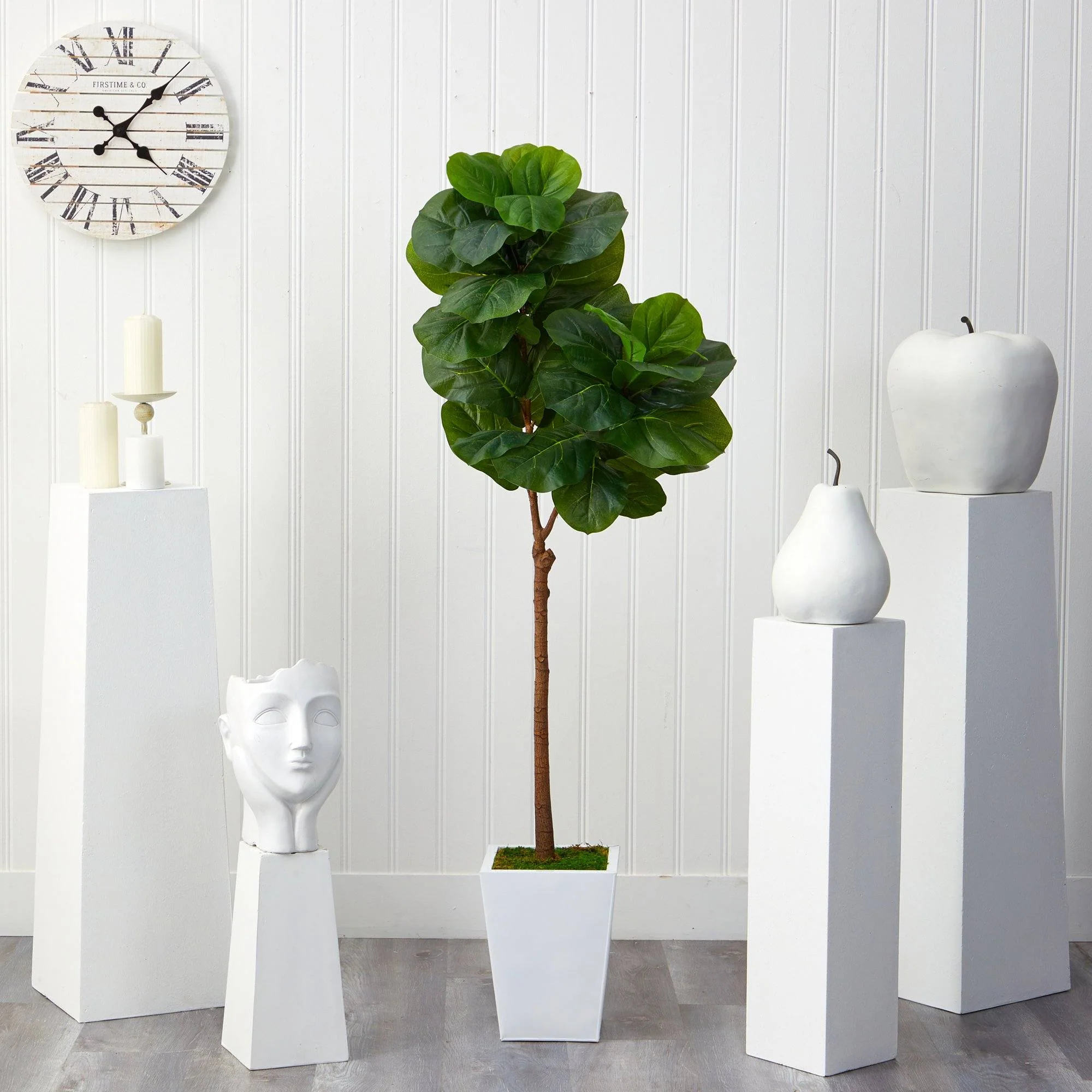 62” Fiddle Leaf Artificial Tree in White Metal Planter - Image 3