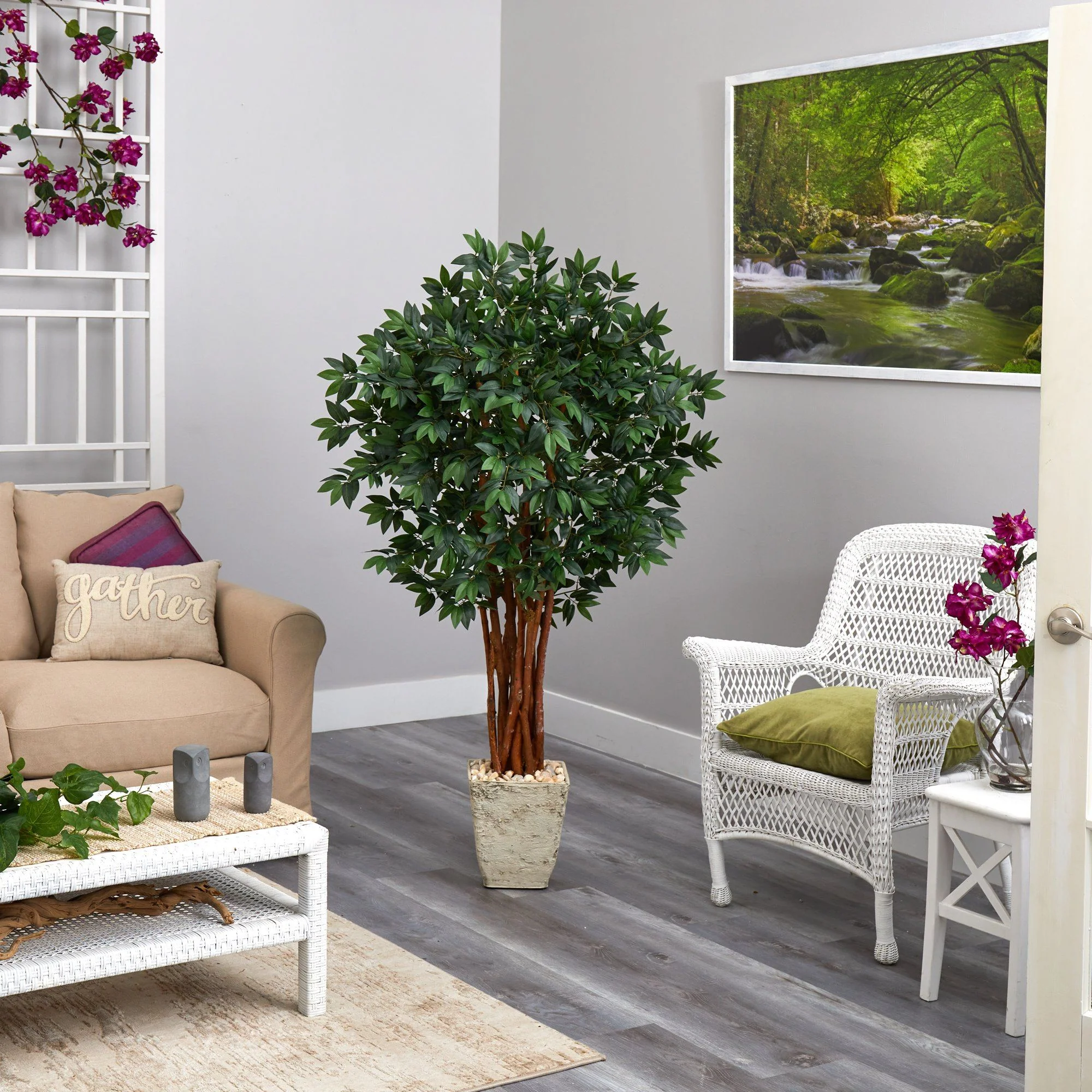 62” Lychee Artificial Tree in Country White Planter - Image 4