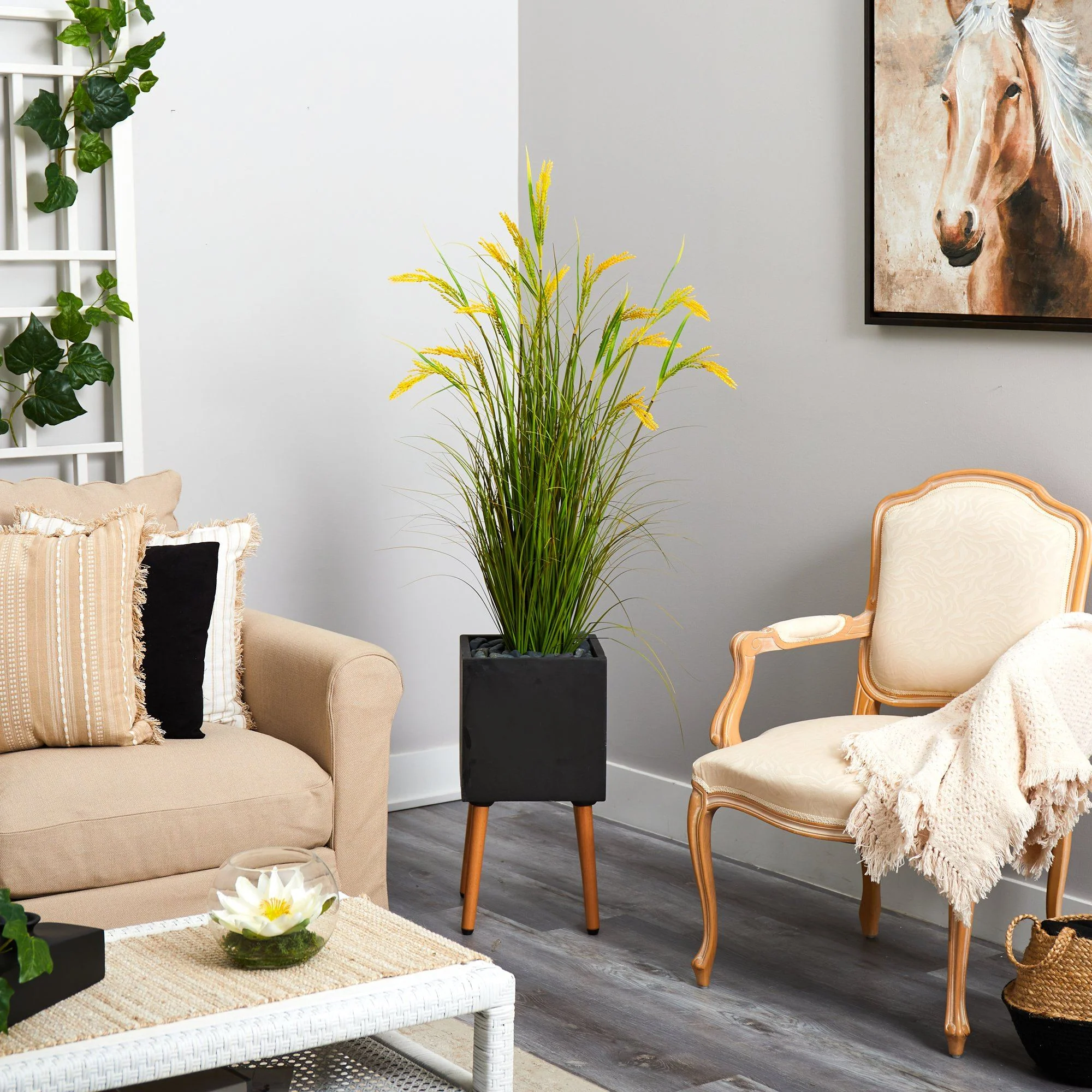 62” Wheat Grain Artificial Plant in Black Planter with Stand - Image 4