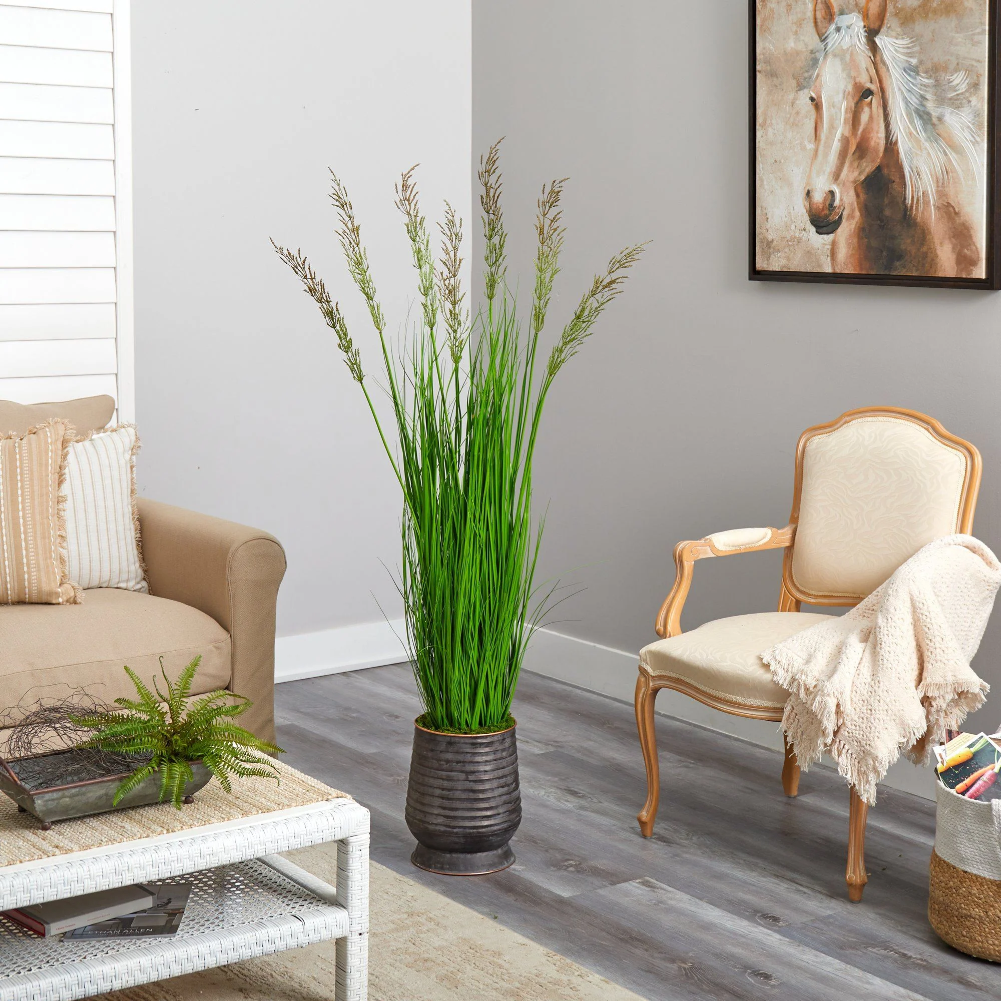 62” Wheat Grass Artificial Plant in Ribbed Metal Planter - Image 2