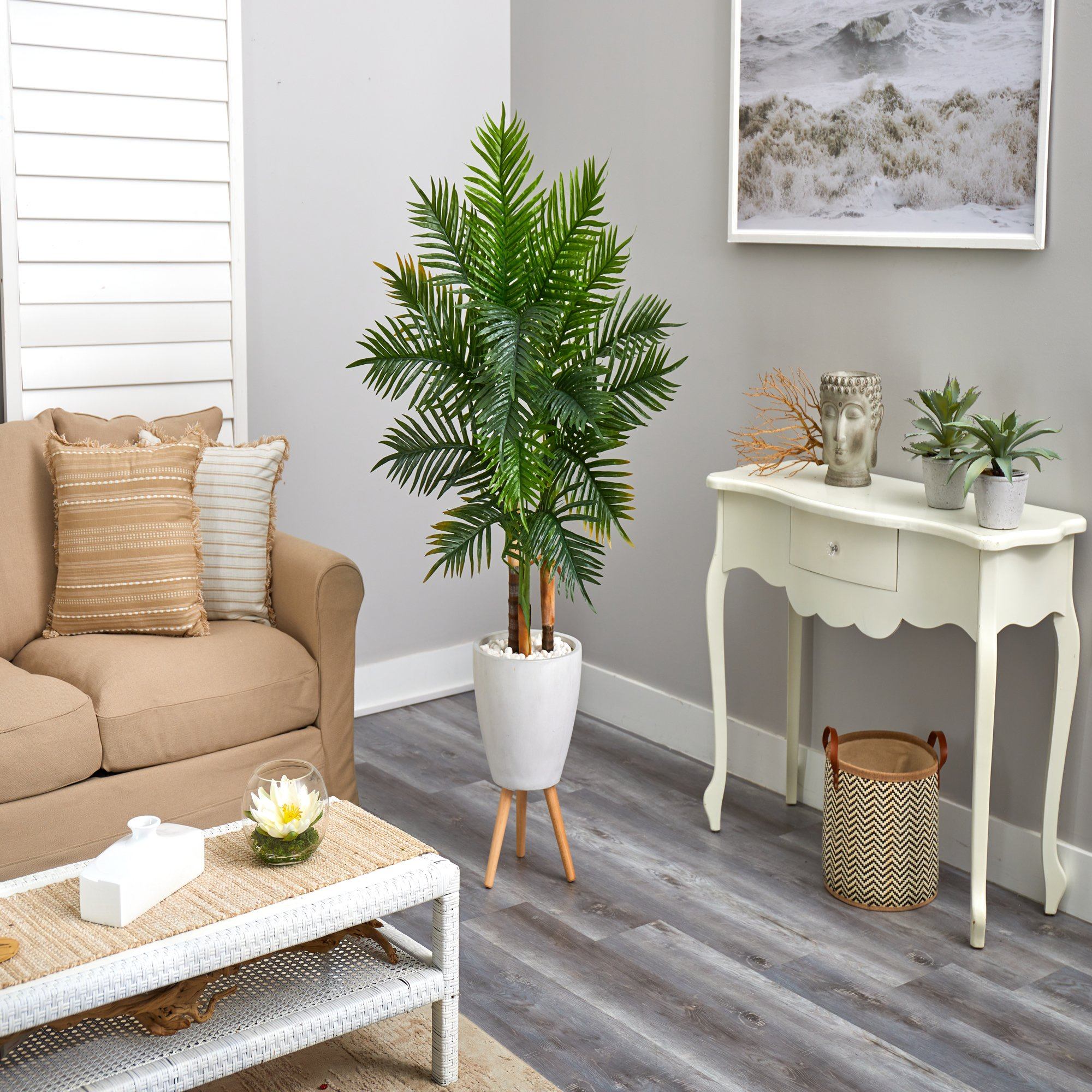63” Areca Artificial Palm Tree in White Planter with Stand (Real Touch) - Image 4