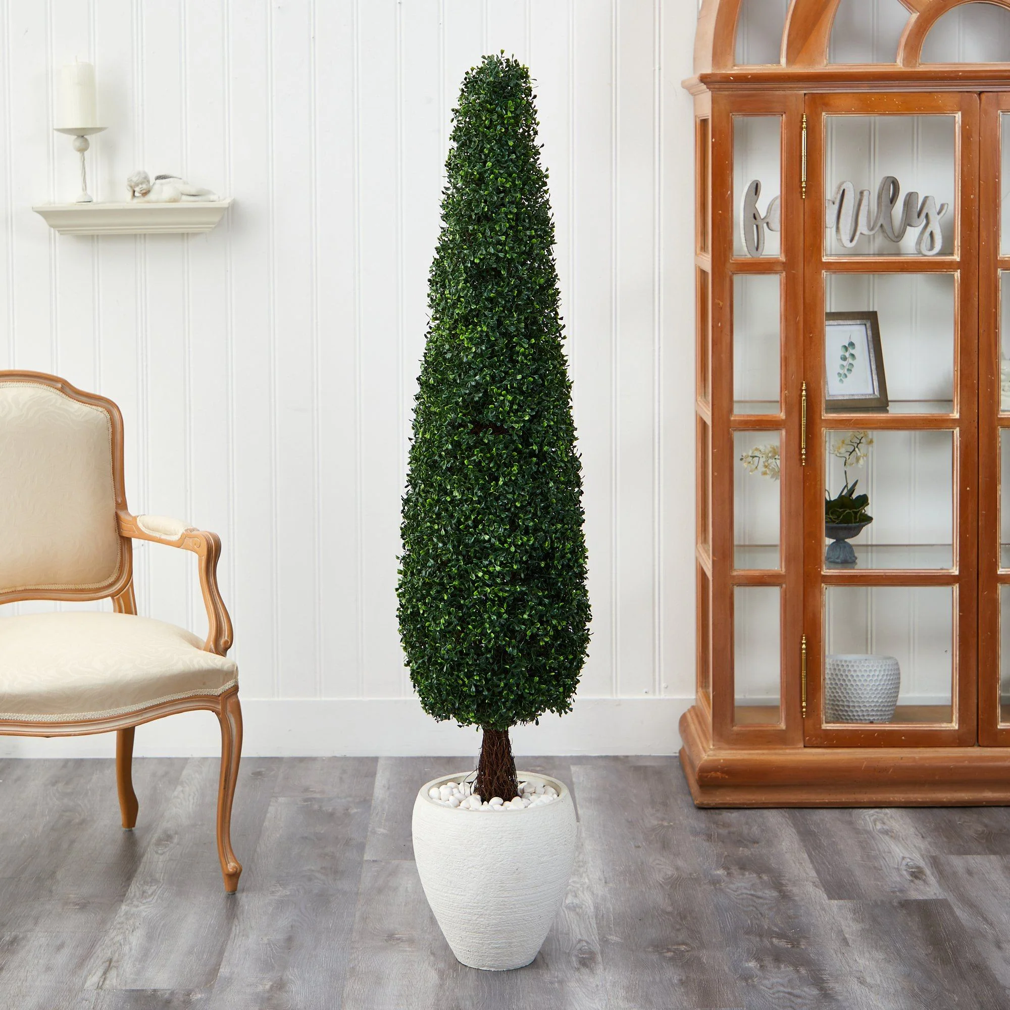 63” Boxwood Topiary Artificial Tree in White Planter (Indoor/Outdoor) - Image 3