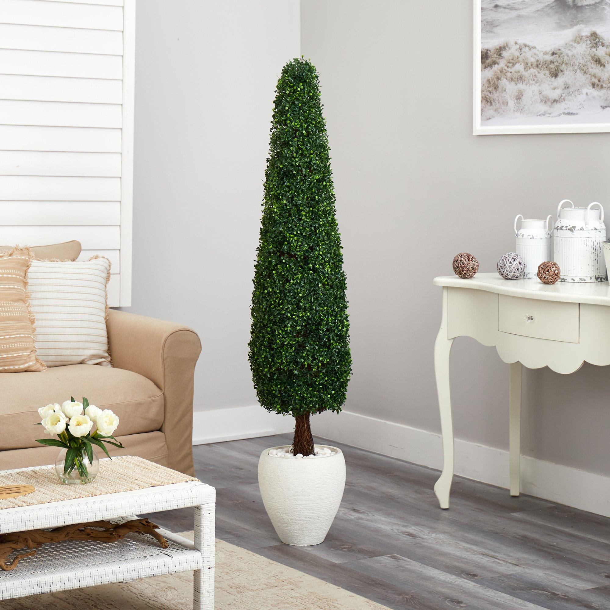 63” Boxwood Topiary Artificial Tree in White Planter (Indoor/Outdoor) - Image 4