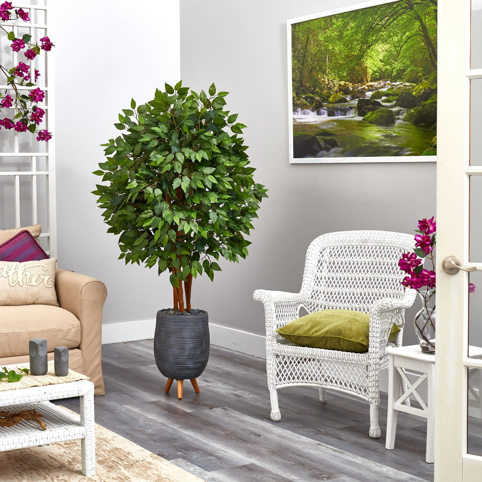 63” Super Deluxe Artificial Ficus Tree in Gray Planter with Stand - Image 4