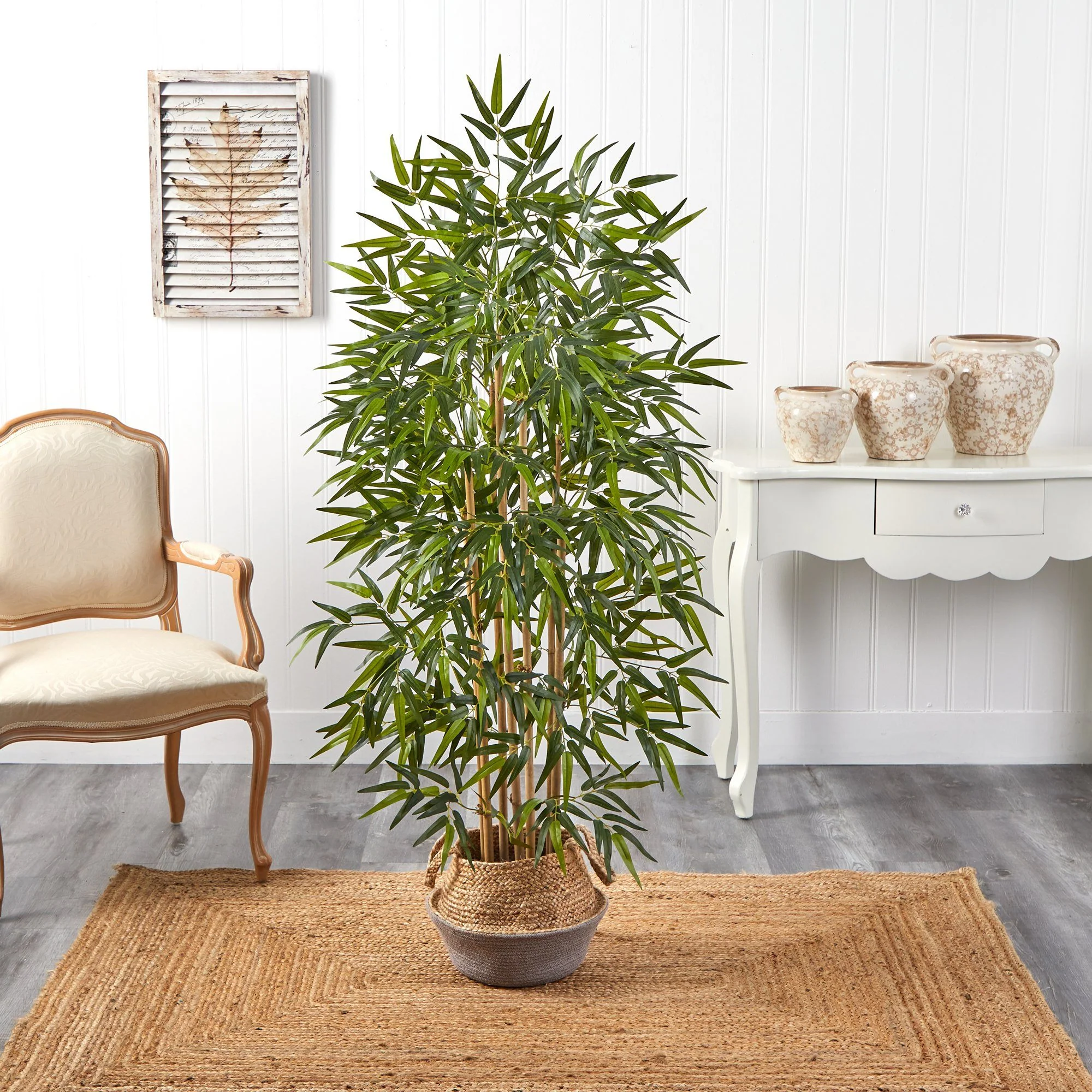 64” Bamboo Artificial Tree Natural Bamboo Trunks in Boho Chic Handmade Cotton & Jute Gray Woven Planter - Image 3
