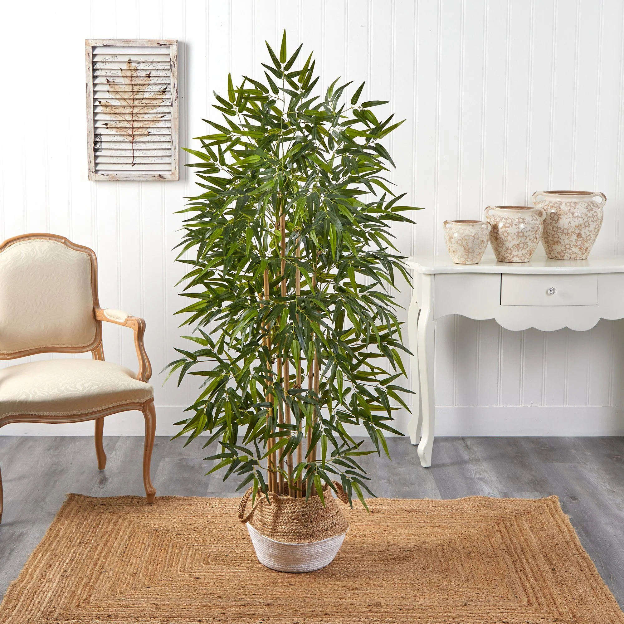 64” Bamboo Tree with Natural Bamboo Trunks in Boho Chic Handmade Cotton & Jute White Woven Planter - Image 3