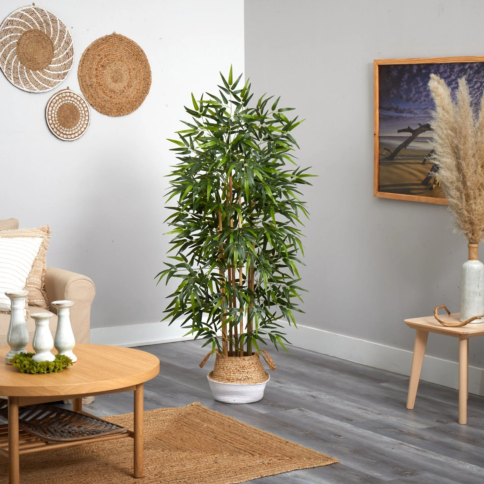 64” Bamboo Tree with Natural Bamboo Trunks in Boho Chic Handmade Cotton & Jute White Woven Planter - Image 4