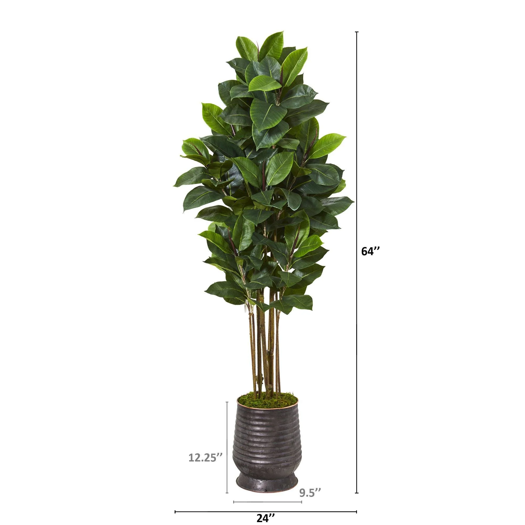 64” Rubber Leaf Artificial Tree in Ribbed Metal Planter - Image 2
