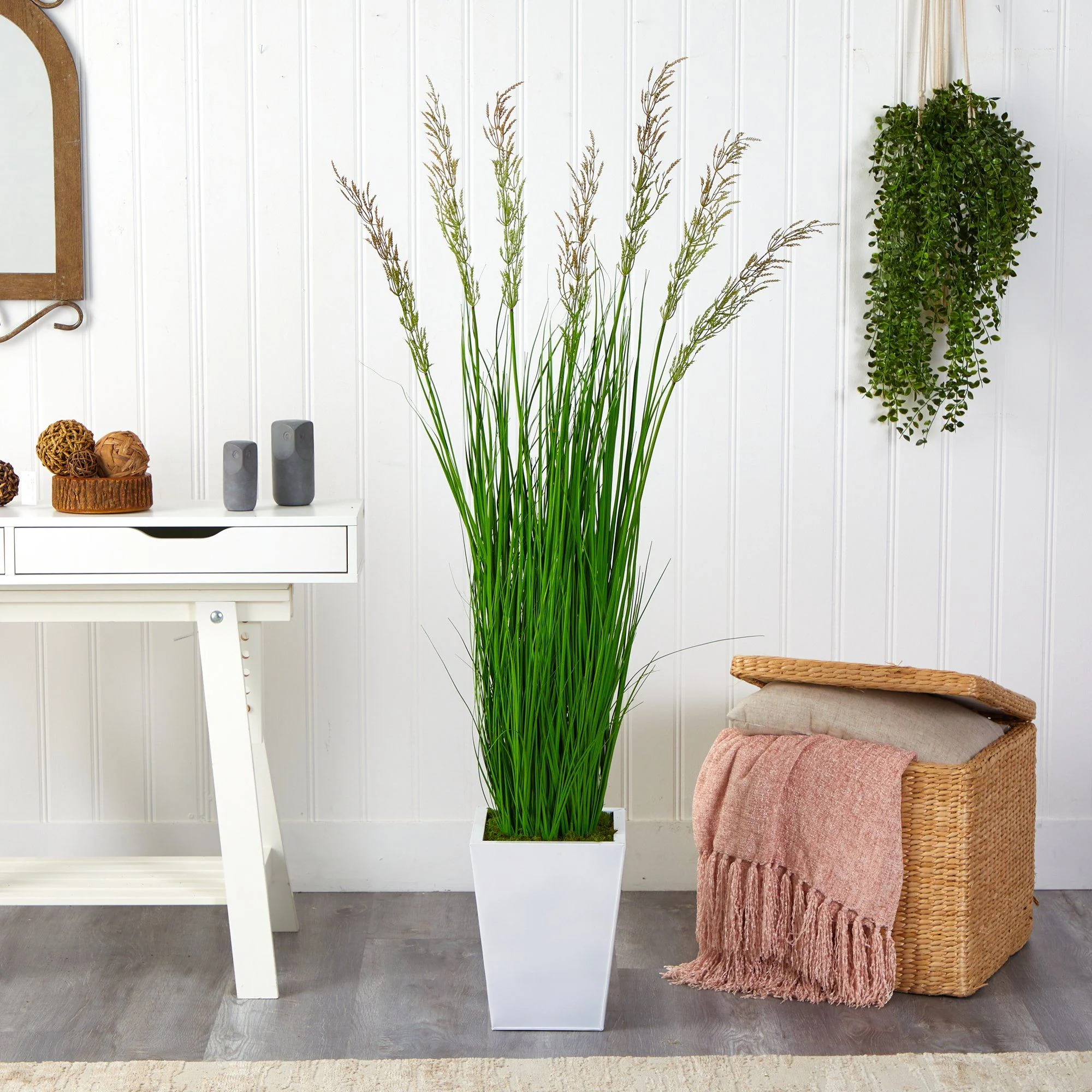 64” Wheat Grass Artificial Plant in White Metal Planter - Image 3