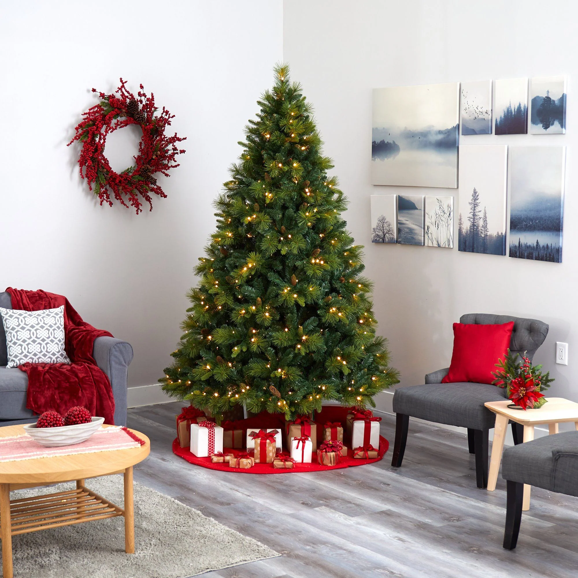7.5’ North Carolina Mixed Pine Artificial Christmas Tree with 470 Warm White LED Lights, 1895 Bendable Branches and Pinecones - Image 6