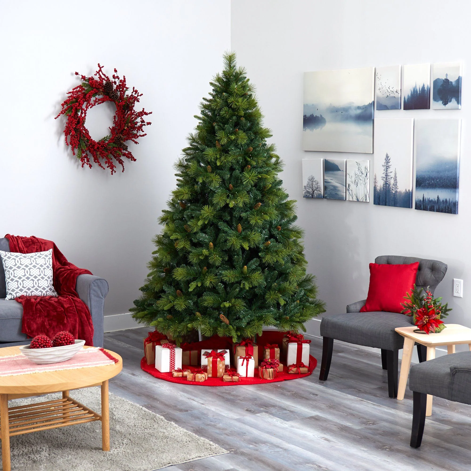 7.5’ North Carolina Mixed Pine Artificial Christmas Tree with 470 Warm White LED Lights, 1895 Bendable Branches and Pinecones - Image 7