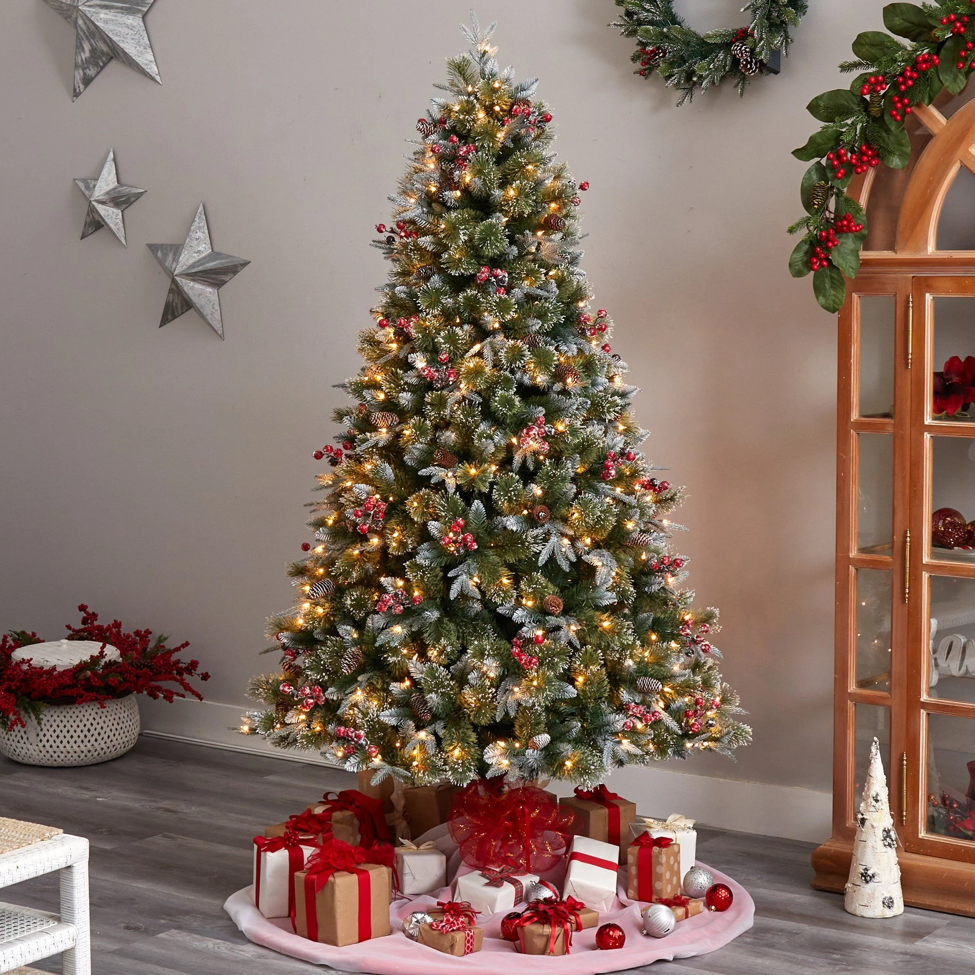 7.5' Snow Tipped Aspen Spruce Pre-Lit Tree with 450 LED lights, Berries and Pinecones - Image 7