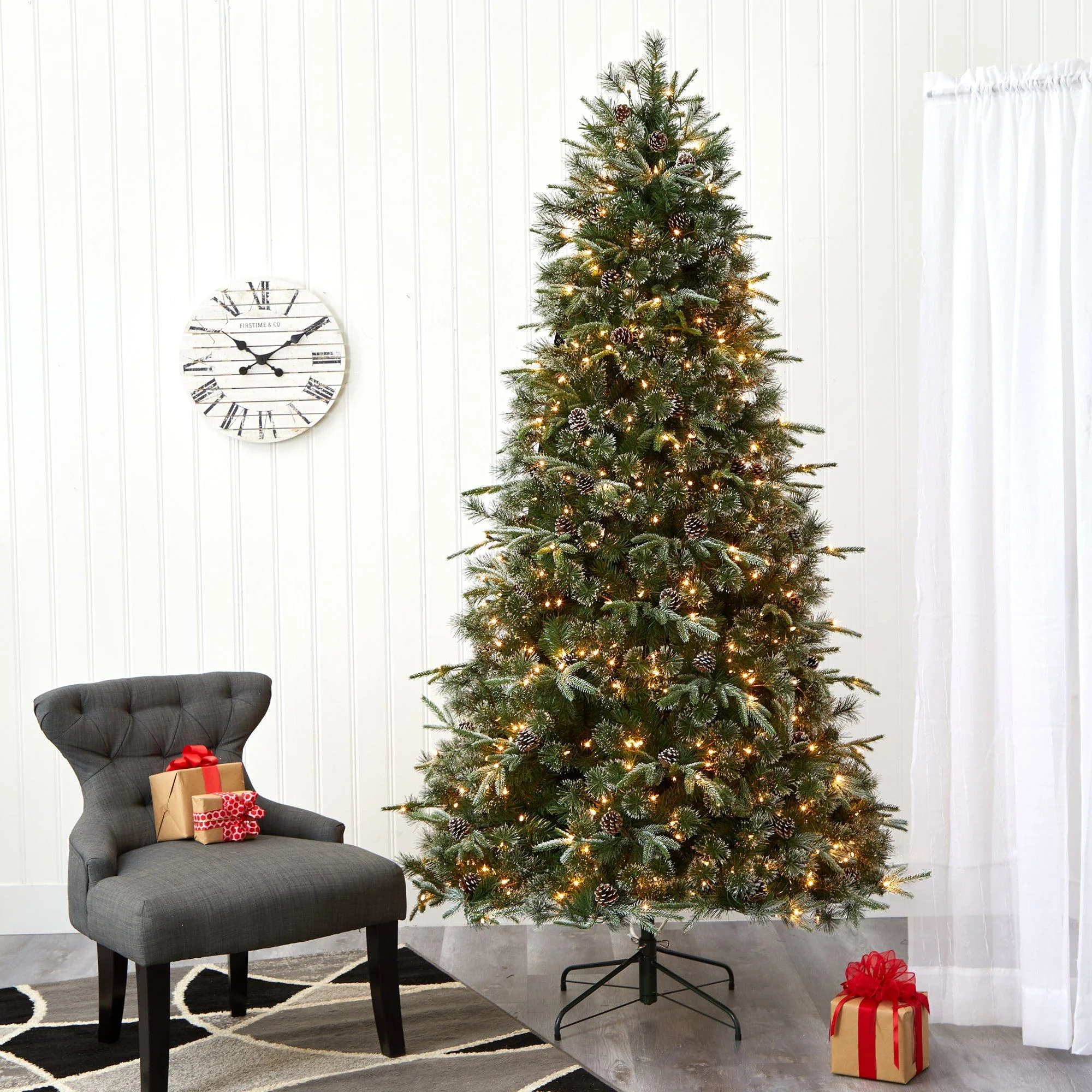 7.5’ Snowed Tipped Clermont Mixed Pine Artificial Christmas Tree with 600 Clear LED Lights, Pine Cones and 1784 Bendable Branches - Image 6