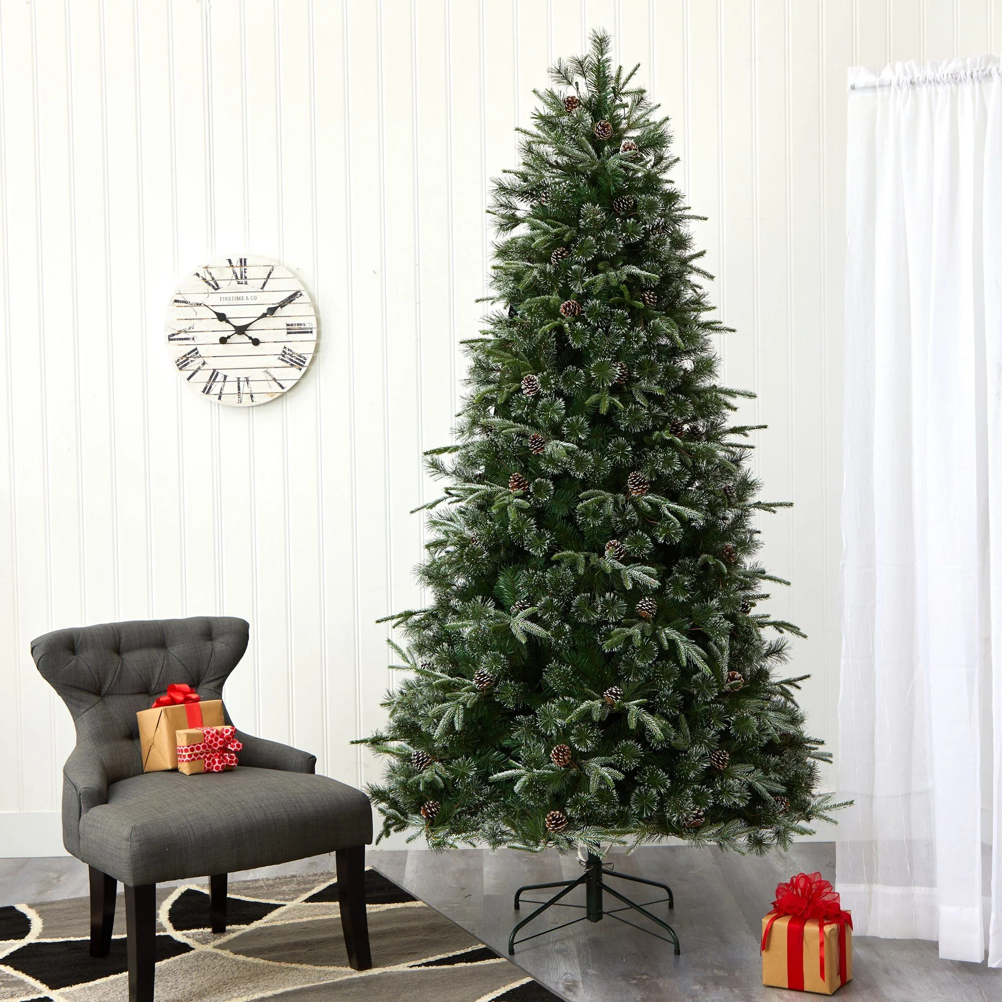 7.5’ Snowed Tipped Clermont Mixed Pine Artificial Christmas Tree with 600 Clear LED Lights, Pine Cones and 1784 Bendable Branches - Image 7