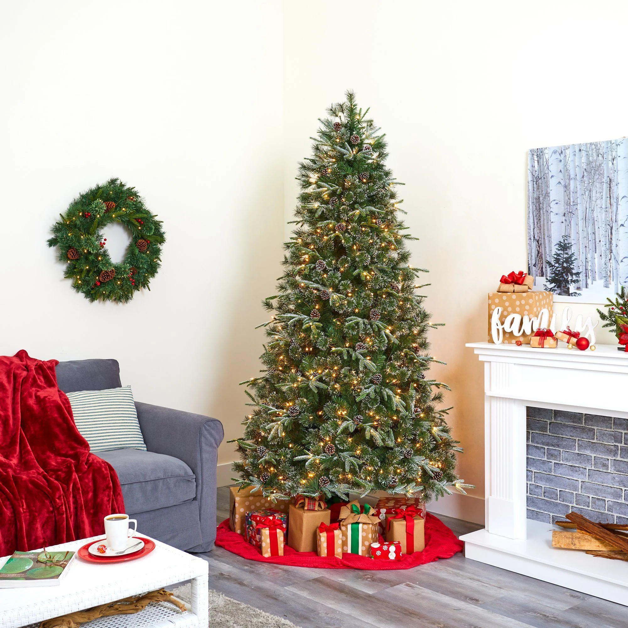 7.5’ Snowed Tipped Clermont Mixed Pine Artificial Christmas Tree with 600 Clear LED Lights, Pine Cones and 1784 Bendable Branches - Image 8
