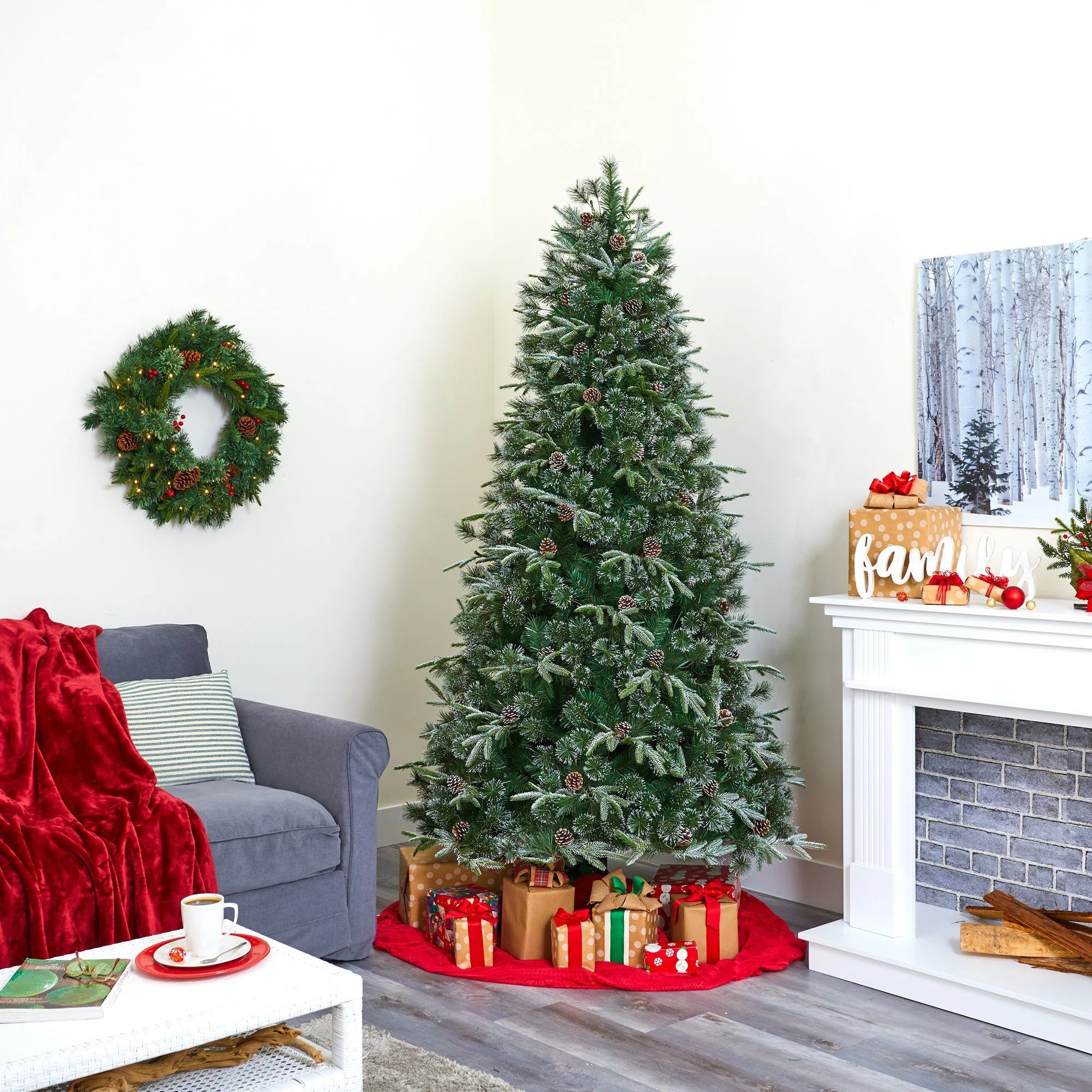 7.5’ Snowed Tipped Clermont Mixed Pine Artificial Christmas Tree with 600 Clear LED Lights, Pine Cones and 1784 Bendable Branches - Image 9