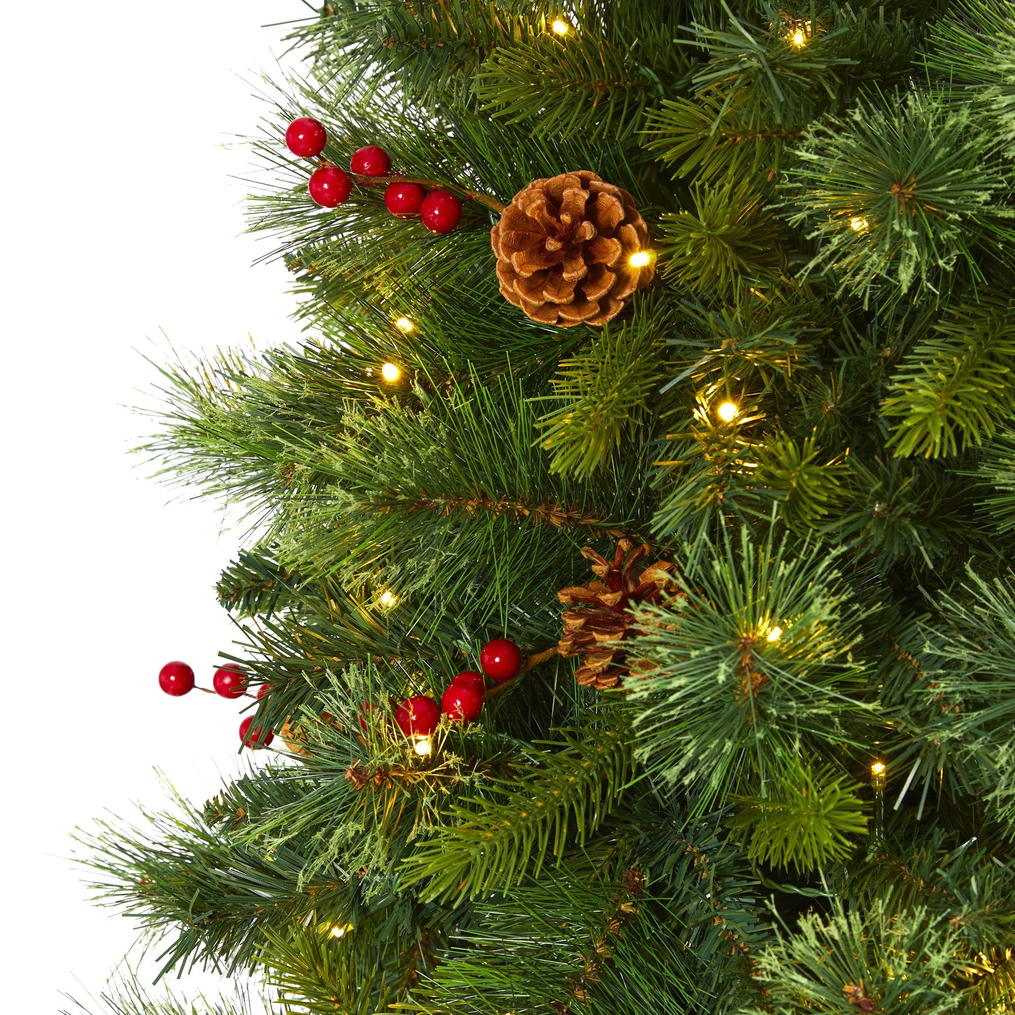 7’ Aberdeen Spruce Artificial Christmas Tree with 500 Clear LED Lights, Pine Cones and Red Berries - Image 3