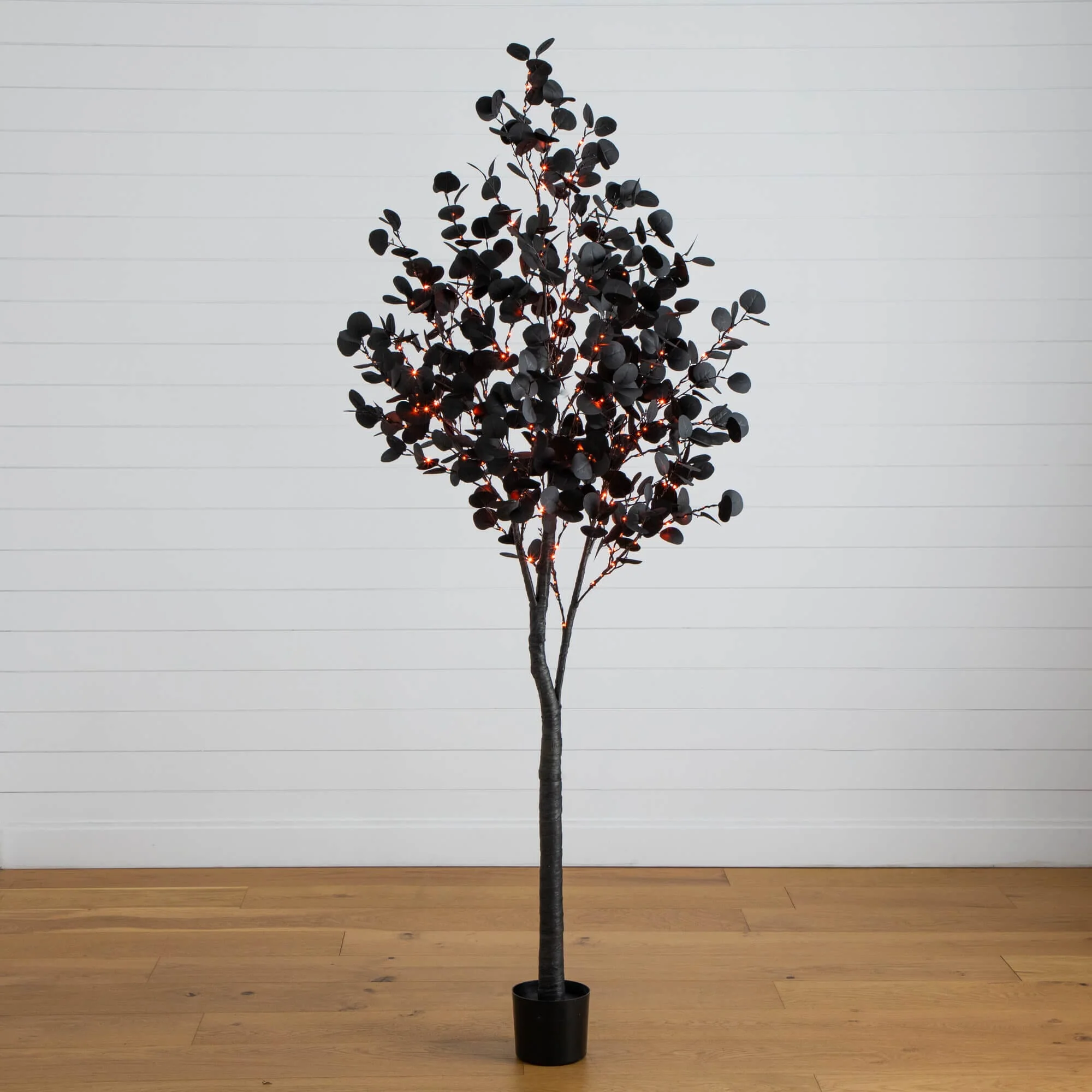 7' Pre-Lit Artificial Halloween Black Eucalyptus Tree with 420 Orange & Purple LED Lights - Image 3