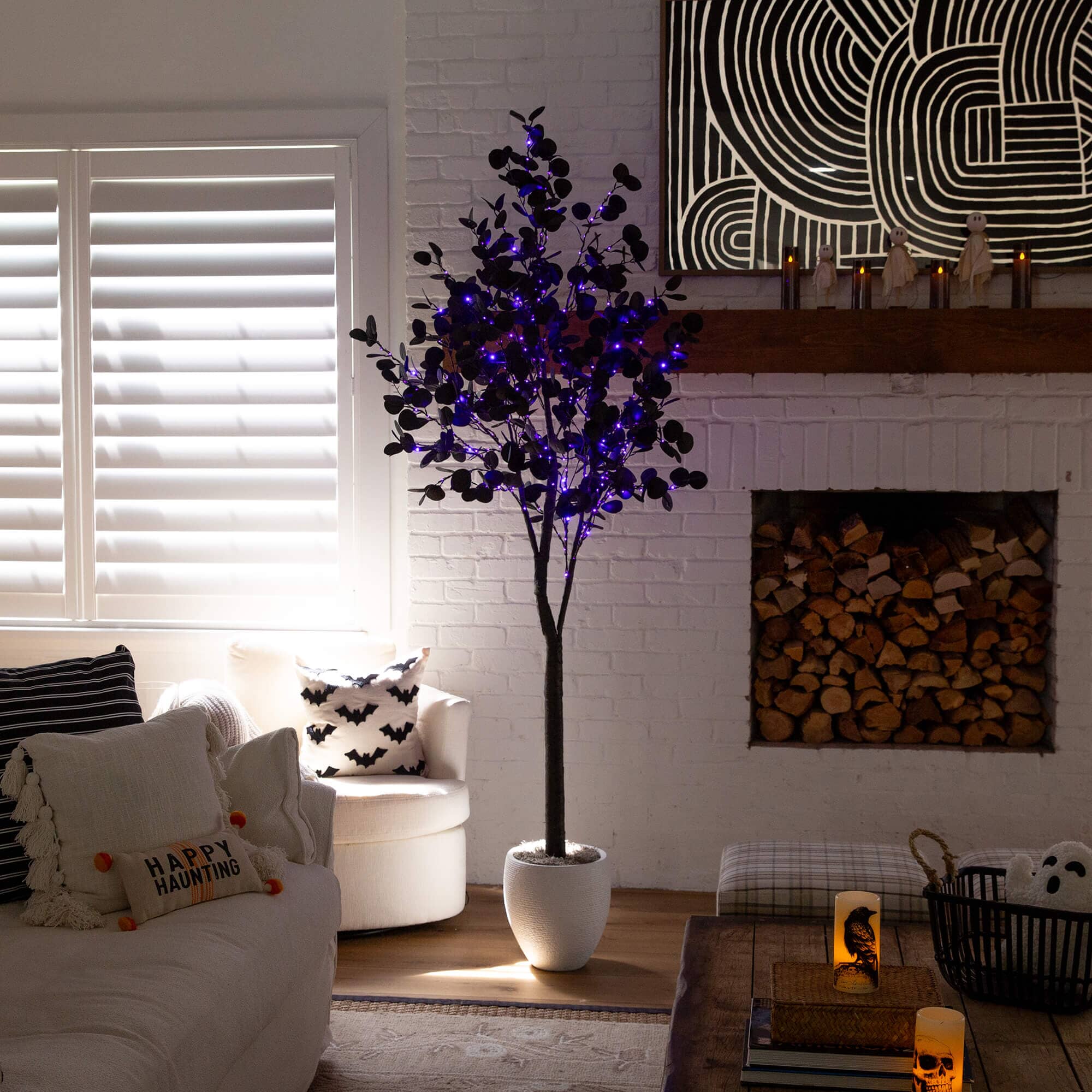 7' Pre-Lit Artificial Halloween Black Eucalyptus Tree with 420 Orange & Purple LED Lights - Image 5