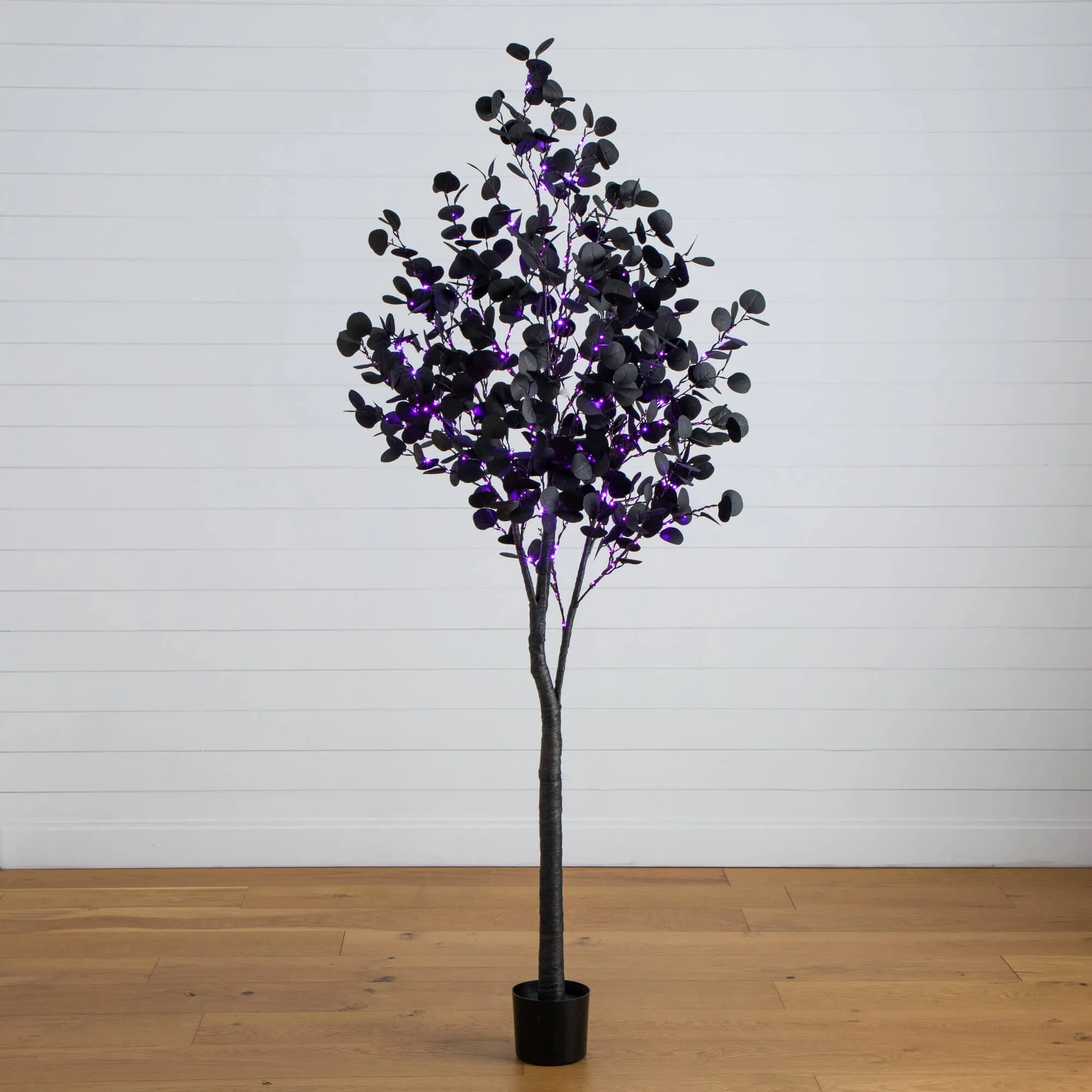 7' Pre-Lit Artificial Halloween Black Eucalyptus Tree with 420 Orange & Purple LED Lights - Image 6