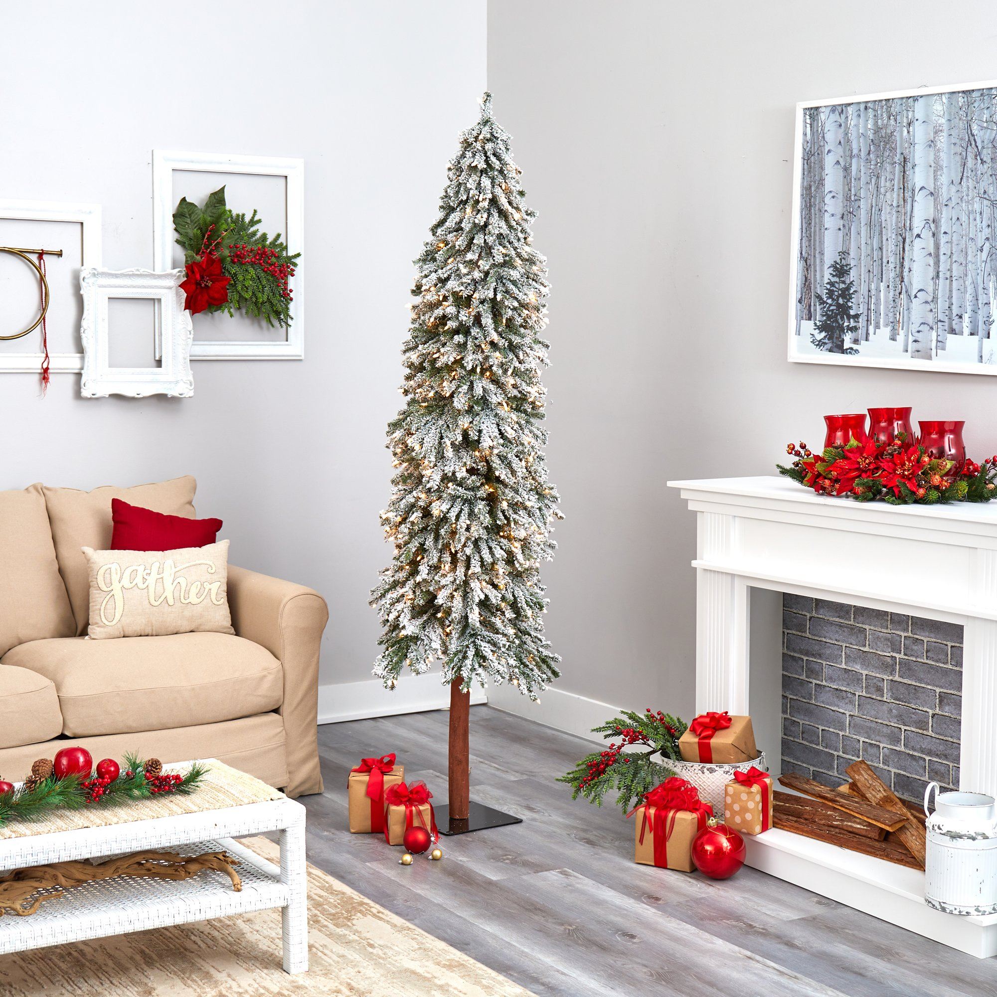 7’ Flocked Grand Alpine Artificial Christmas Tree with 400 Lights and 950 Branches on Natural Trunk - Image 2