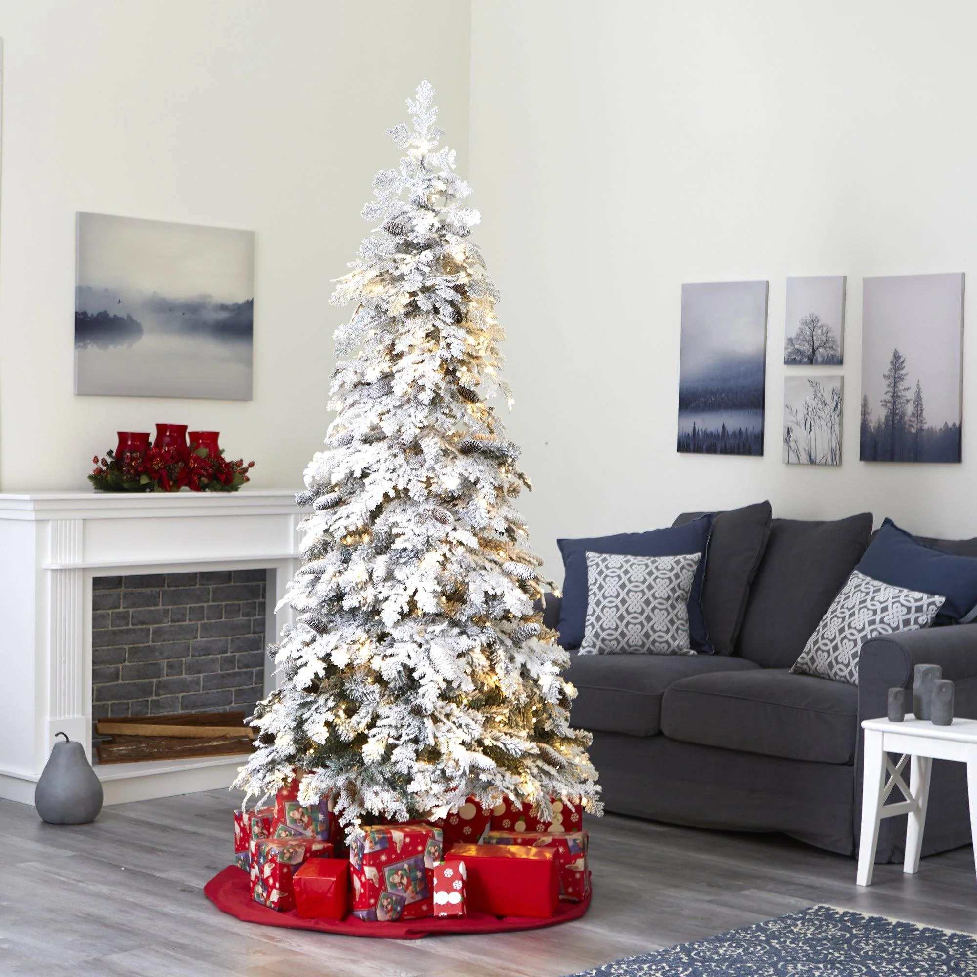 7’ Flocked Montana Down Swept Spruce Artificial Christmas Tree with Pinecones and 400 LED Lights - Image 8
