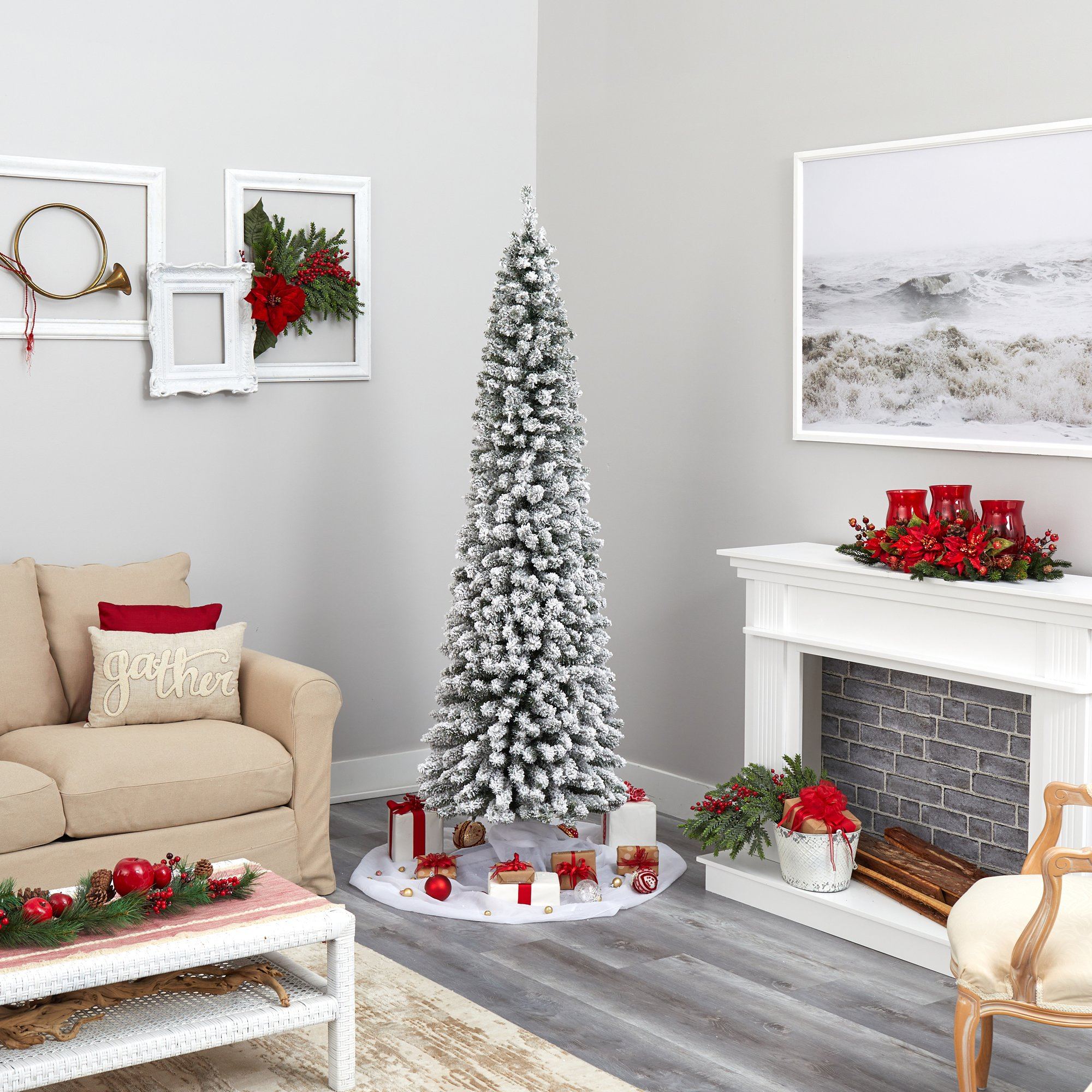 7’ Flocked Pencil Artificial Christmas Tree with 574 Bendable Branches - Image 3