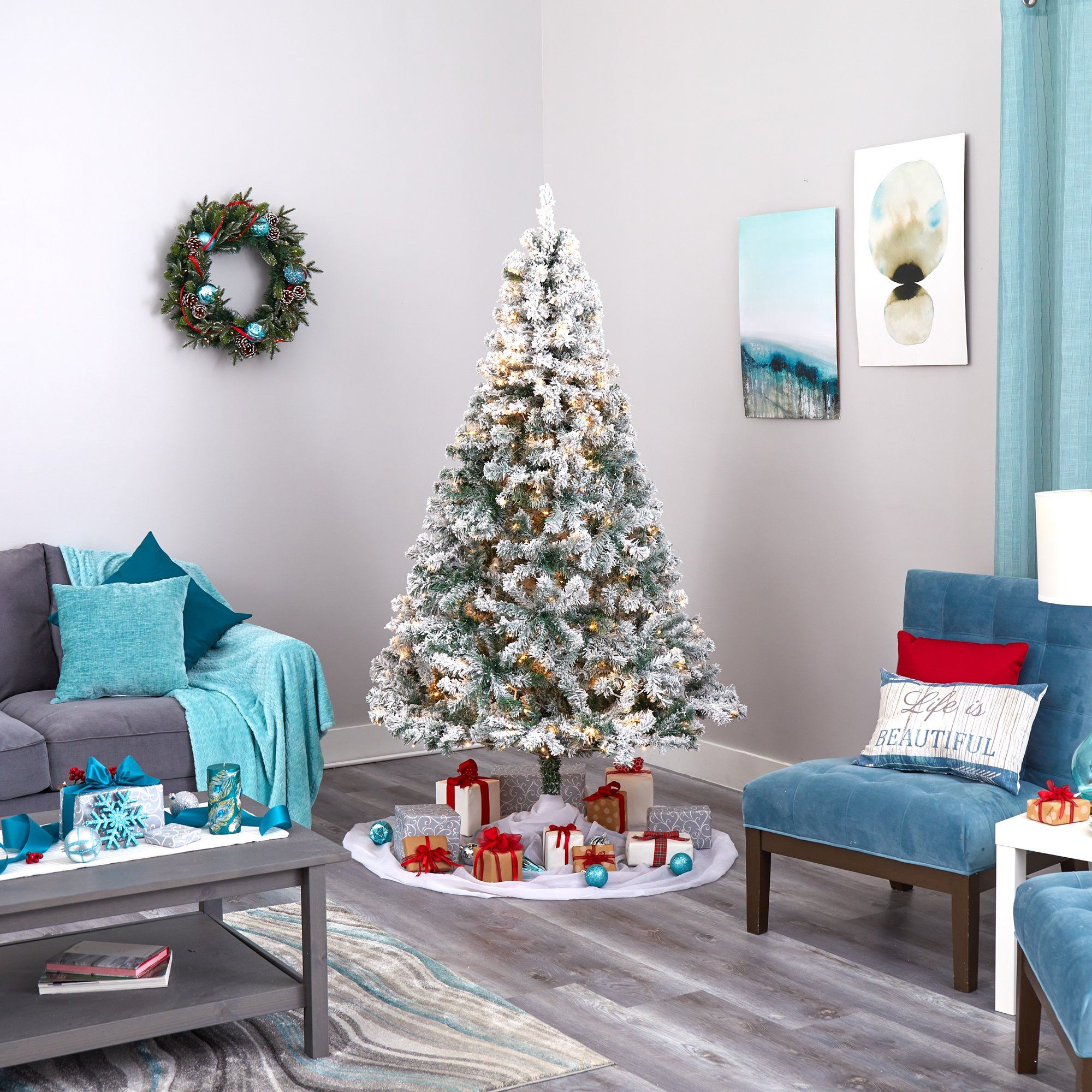 7' Flocked Rock Springs Spruce Artificial Christmas Tree with 350 Clear LED Lights and 800 Bendable Branches - Image 6