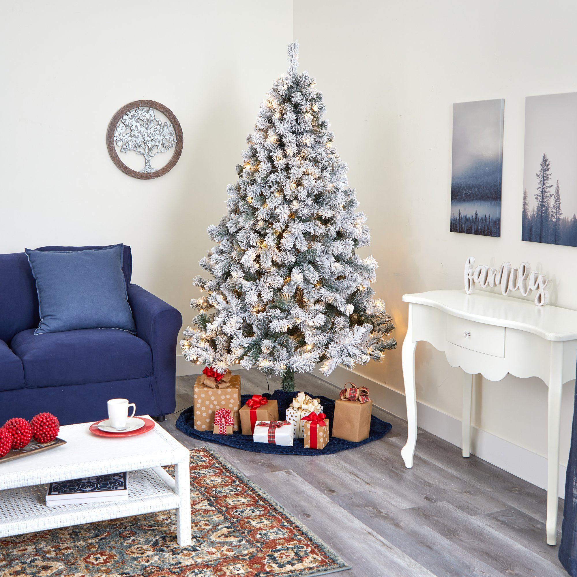 7' Flocked West Virginia Fir Artificial Christmas Tree with 350 Clear LED Lights - Image 5