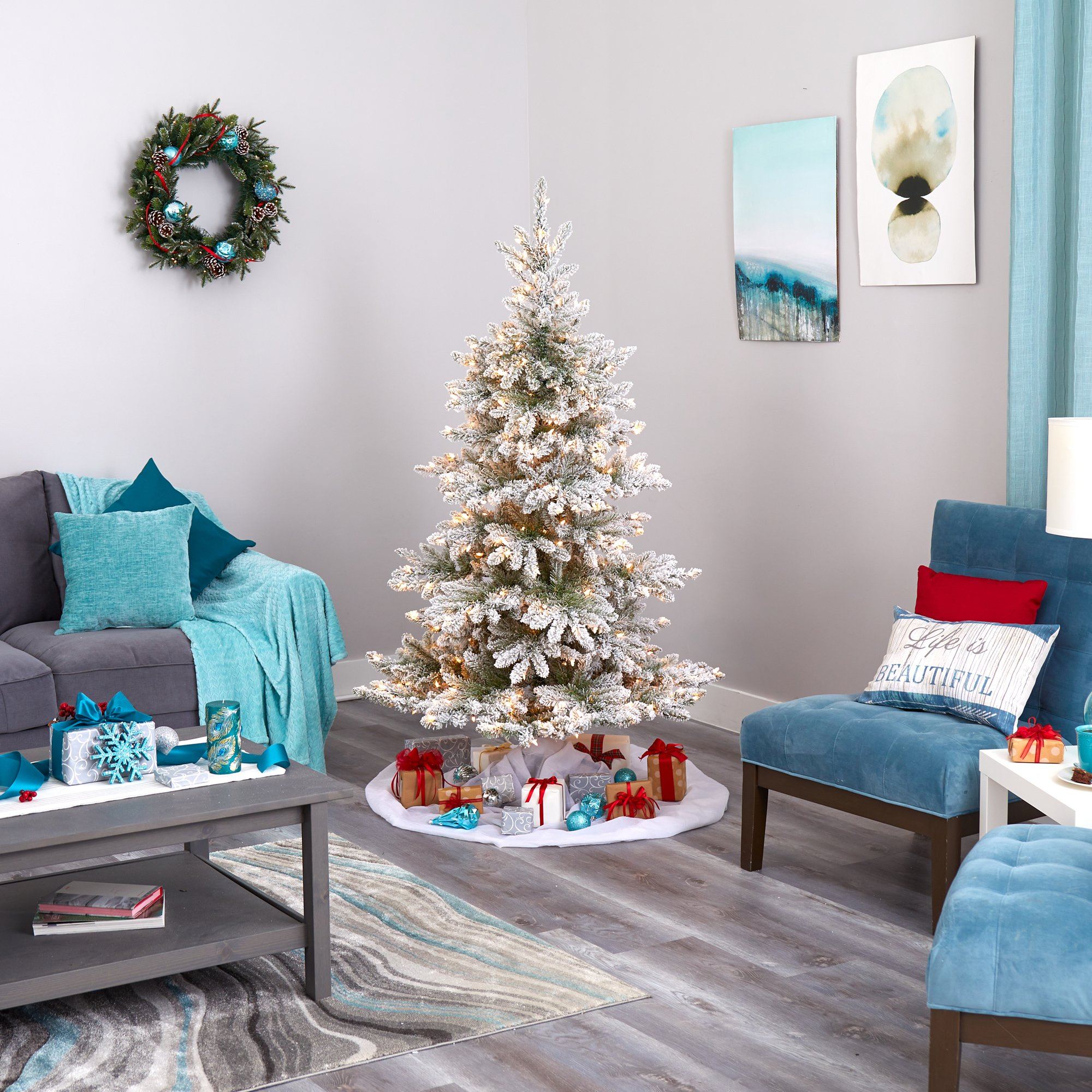 7’ Flocked West Virginia Spruce Artificial Christmas Tree with 400 Clear Lights and 1468 Bendable Branches - Image 6