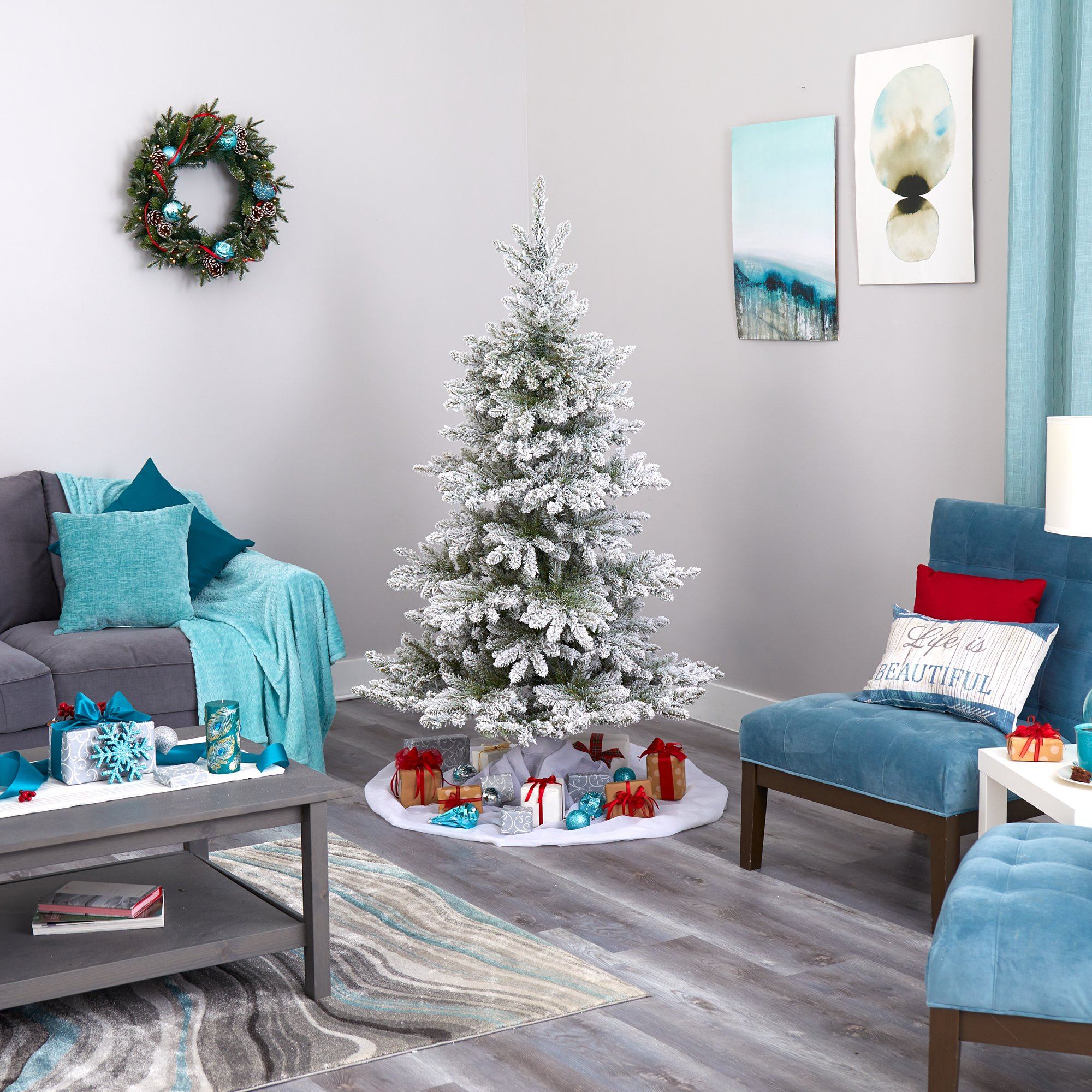 7’ Flocked West Virginia Spruce Artificial Christmas Tree with 400 Clear Lights and 1468 Bendable Branches - Image 7