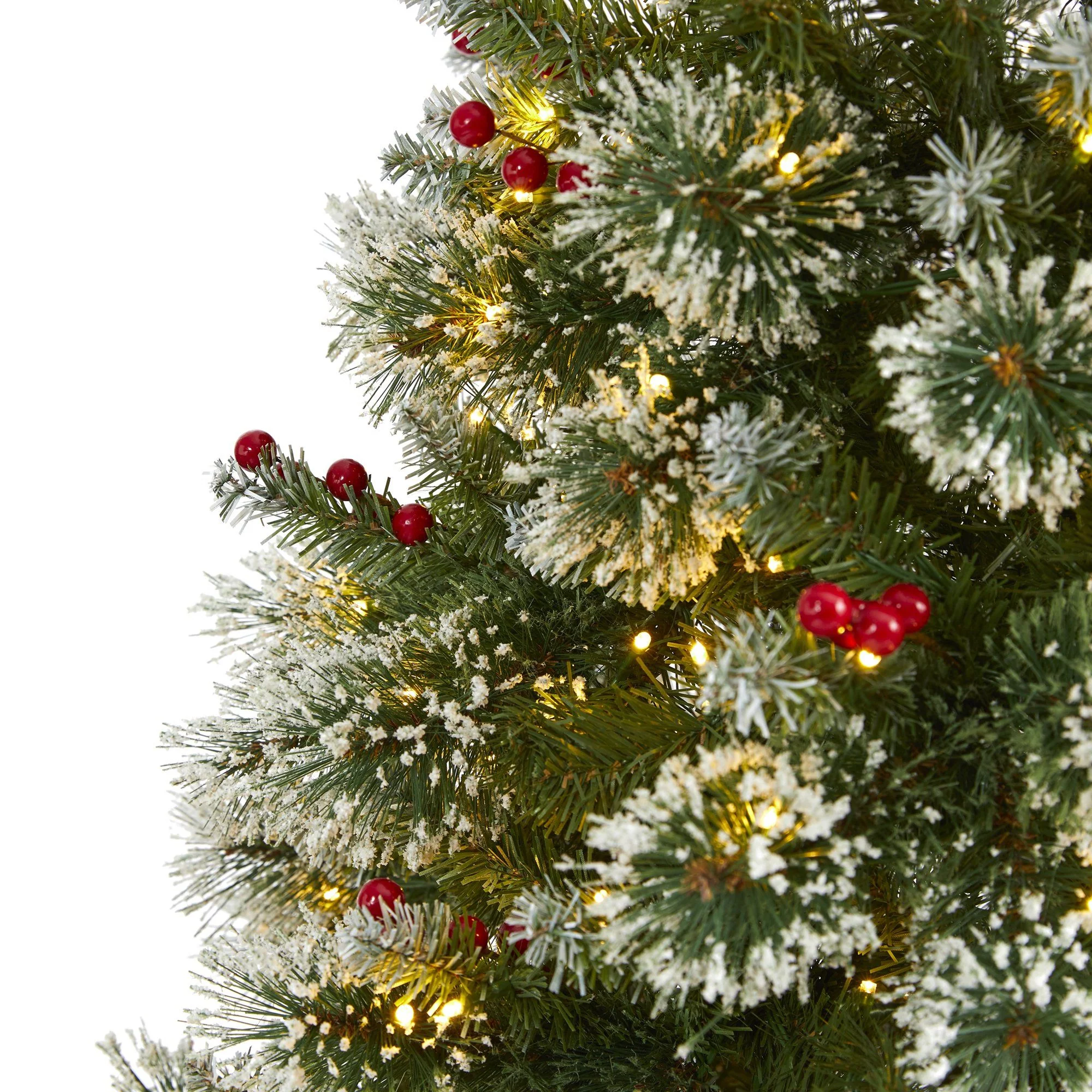7’ Frosted Swiss Pine Artificial Christmas Tree with 400 Clear LED Lights and Berries - Image 3