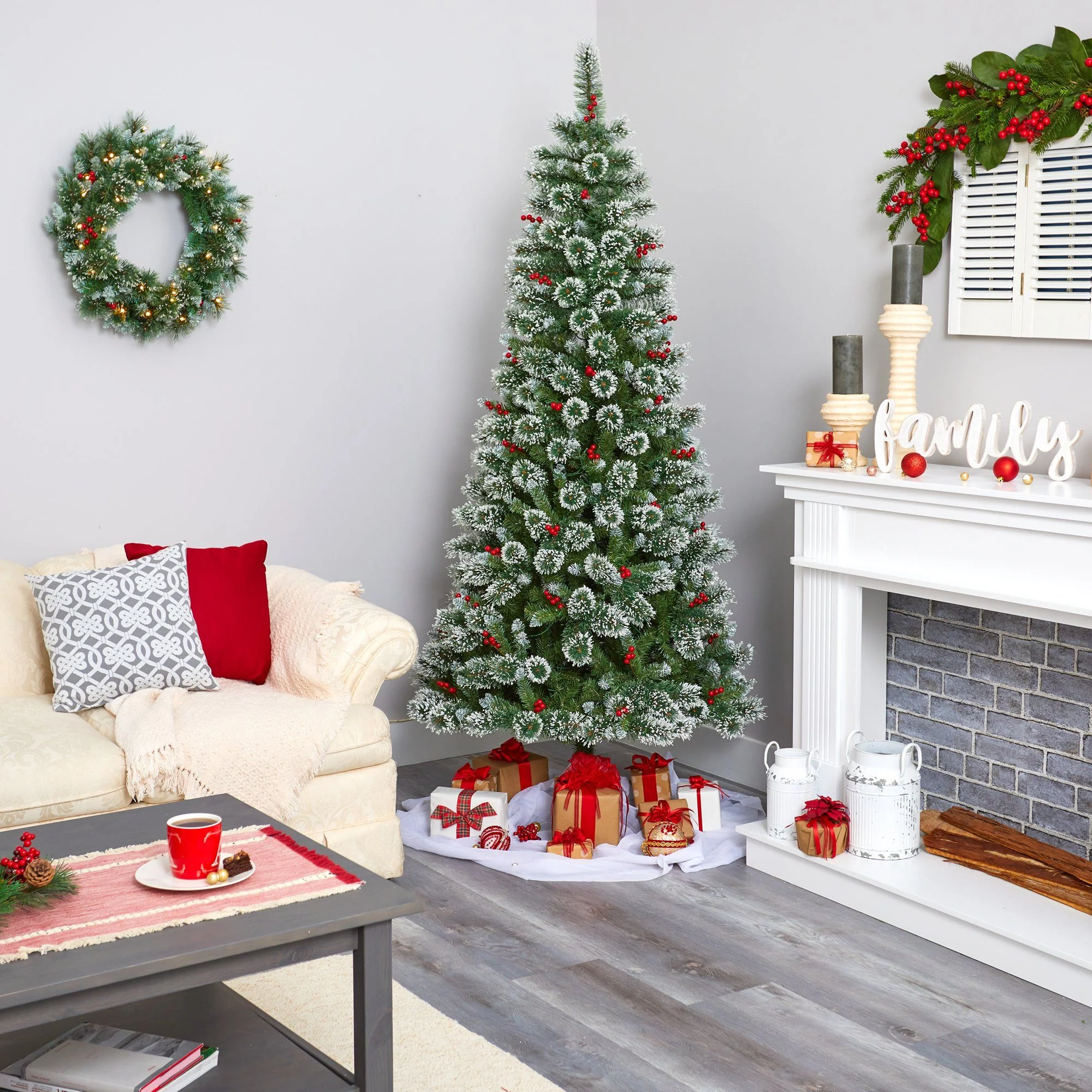 7’ Frosted Swiss Pine Artificial Christmas Tree with 400 Clear LED Lights and Berries - Image 6