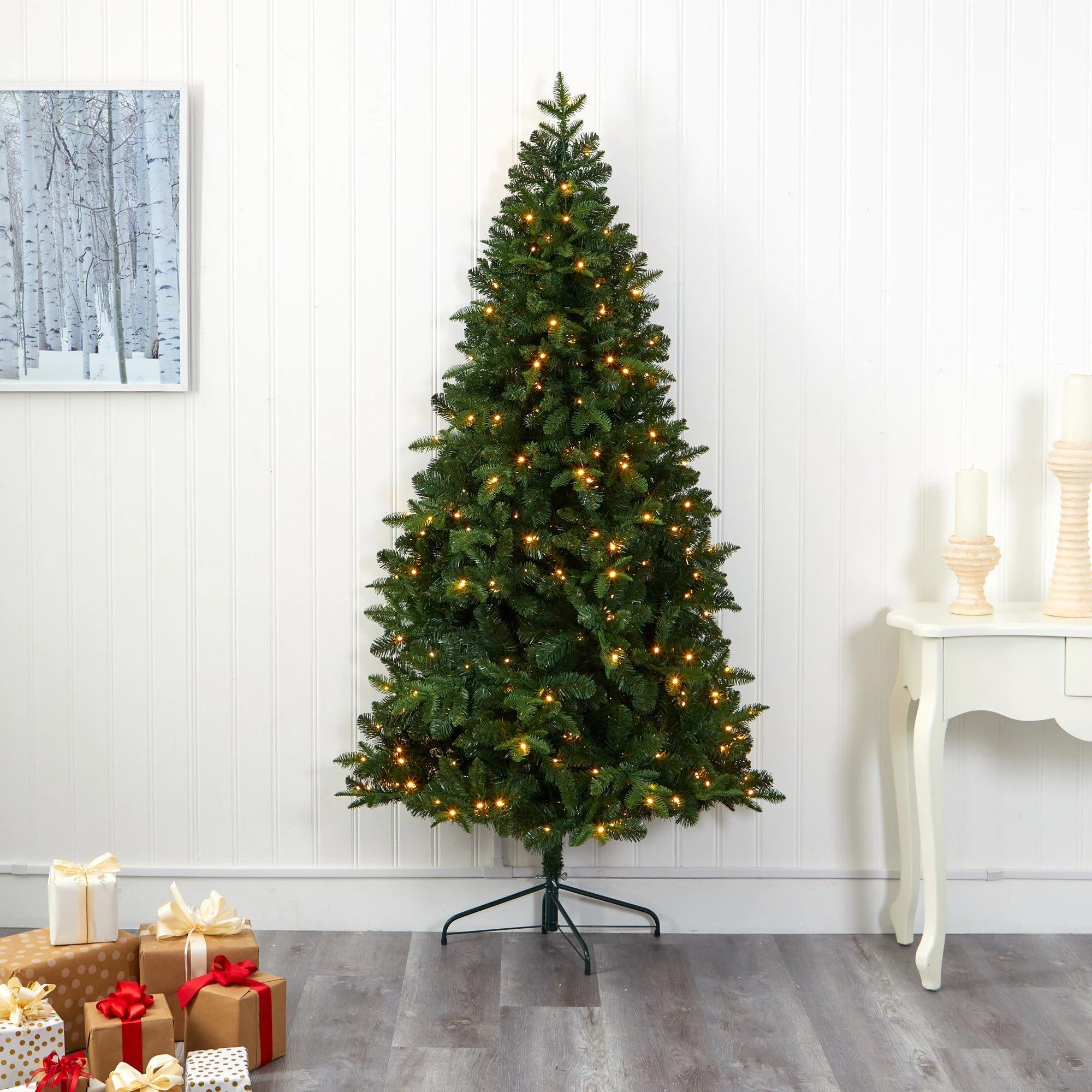 7’ Grand Teton Spruce Flat Back Artificial Christmas Tree with 220 Clear LED Lights and 953 Bendable Branches - Image 6