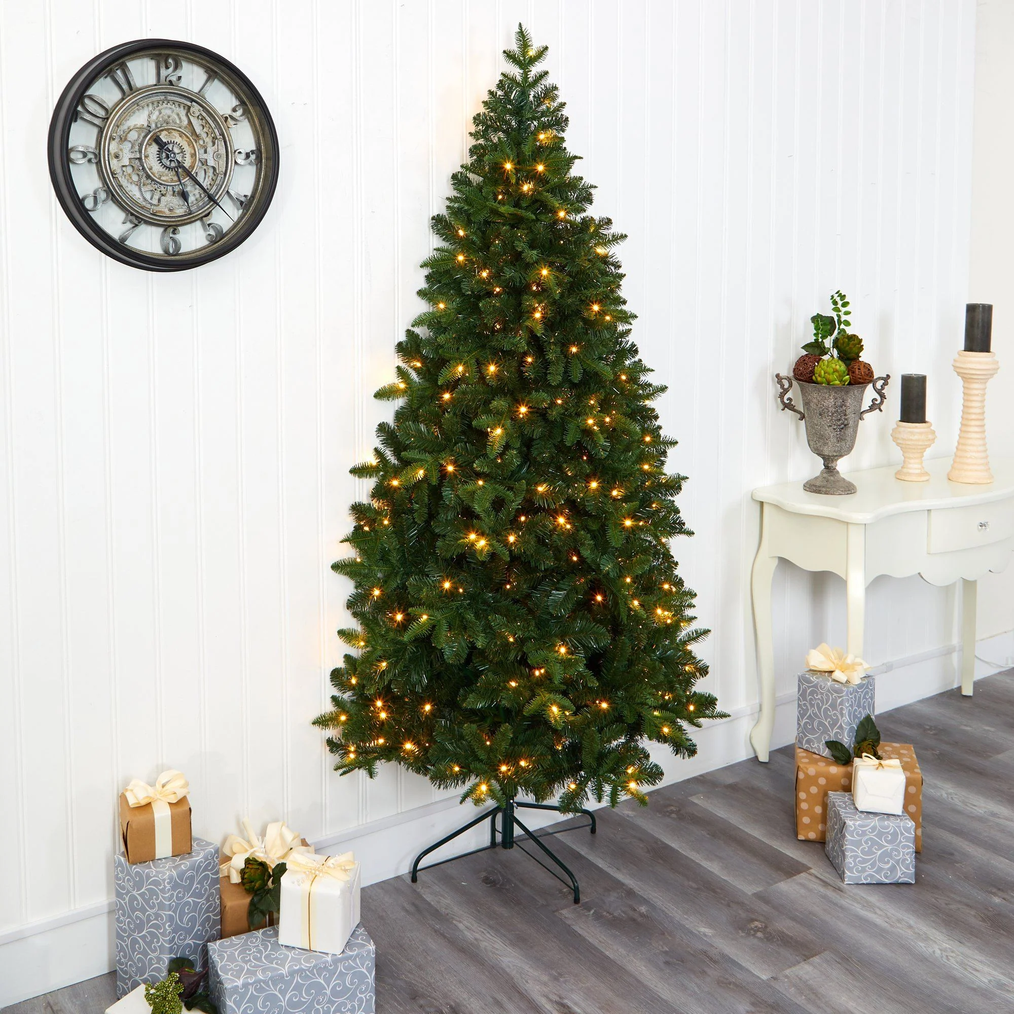 7’ Grand Teton Spruce Flat Back Artificial Christmas Tree with 220 Clear LED Lights and 953 Bendable Branches - Image 7