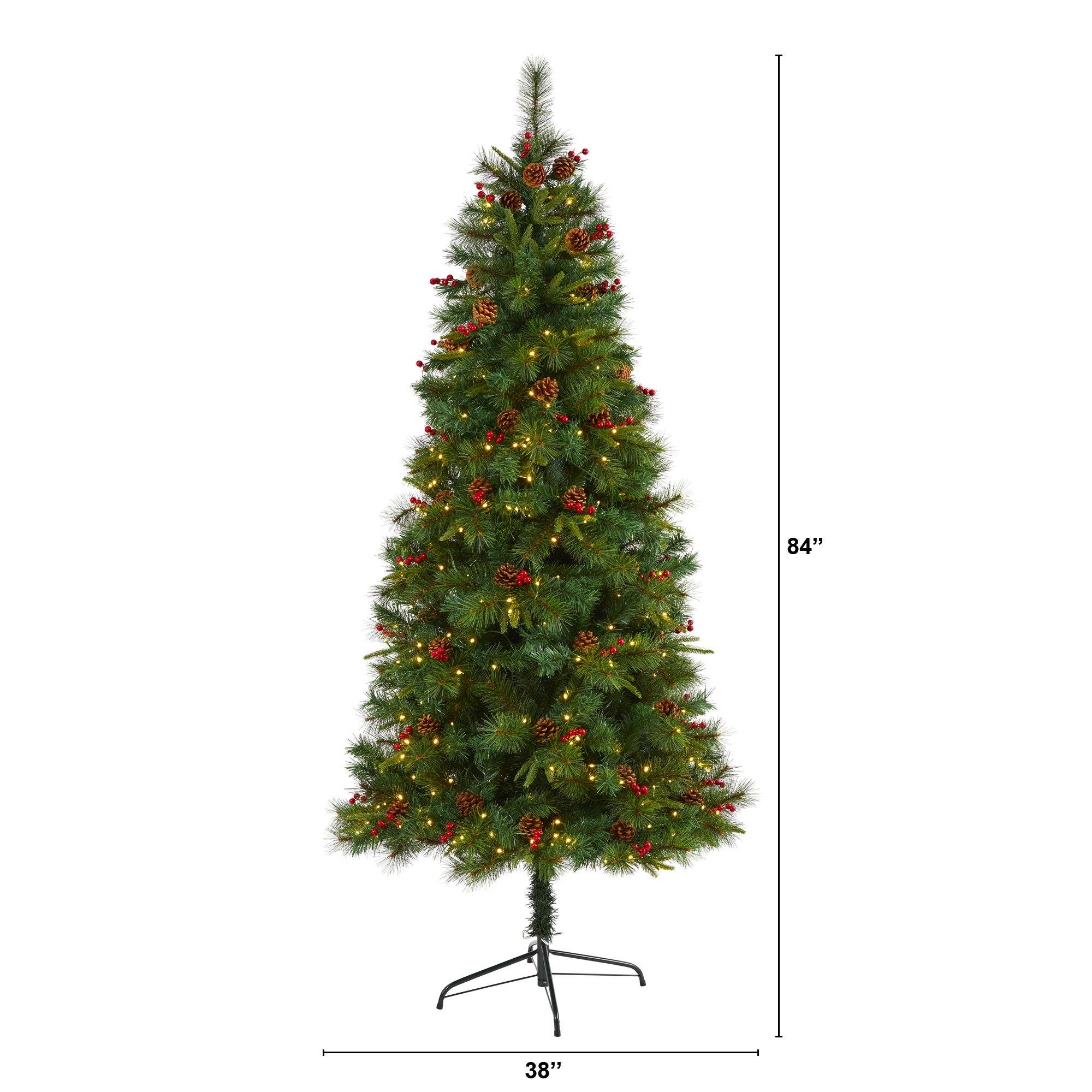 7’ Mixed Pine Artificial Christmas Tree with 350 Clear LED Lights, Pine Cones and Berries - Image 2