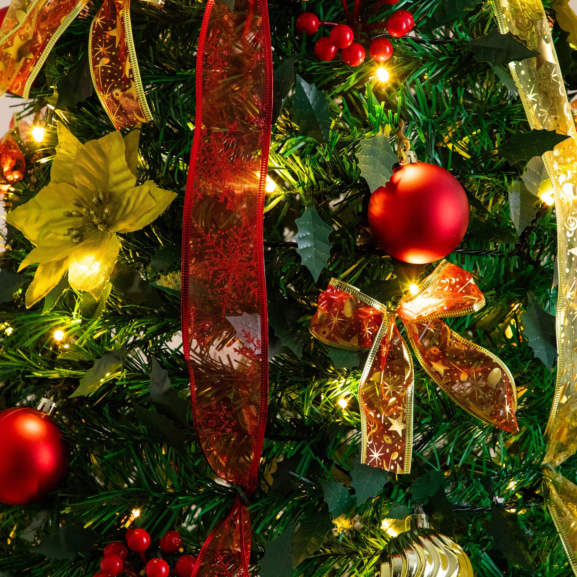 7' Pre-Lit Artificial Pop up Christmas Tree with Red & Gold Ornaments, Ribbons and 180 Warm White LED Lights - Image 2