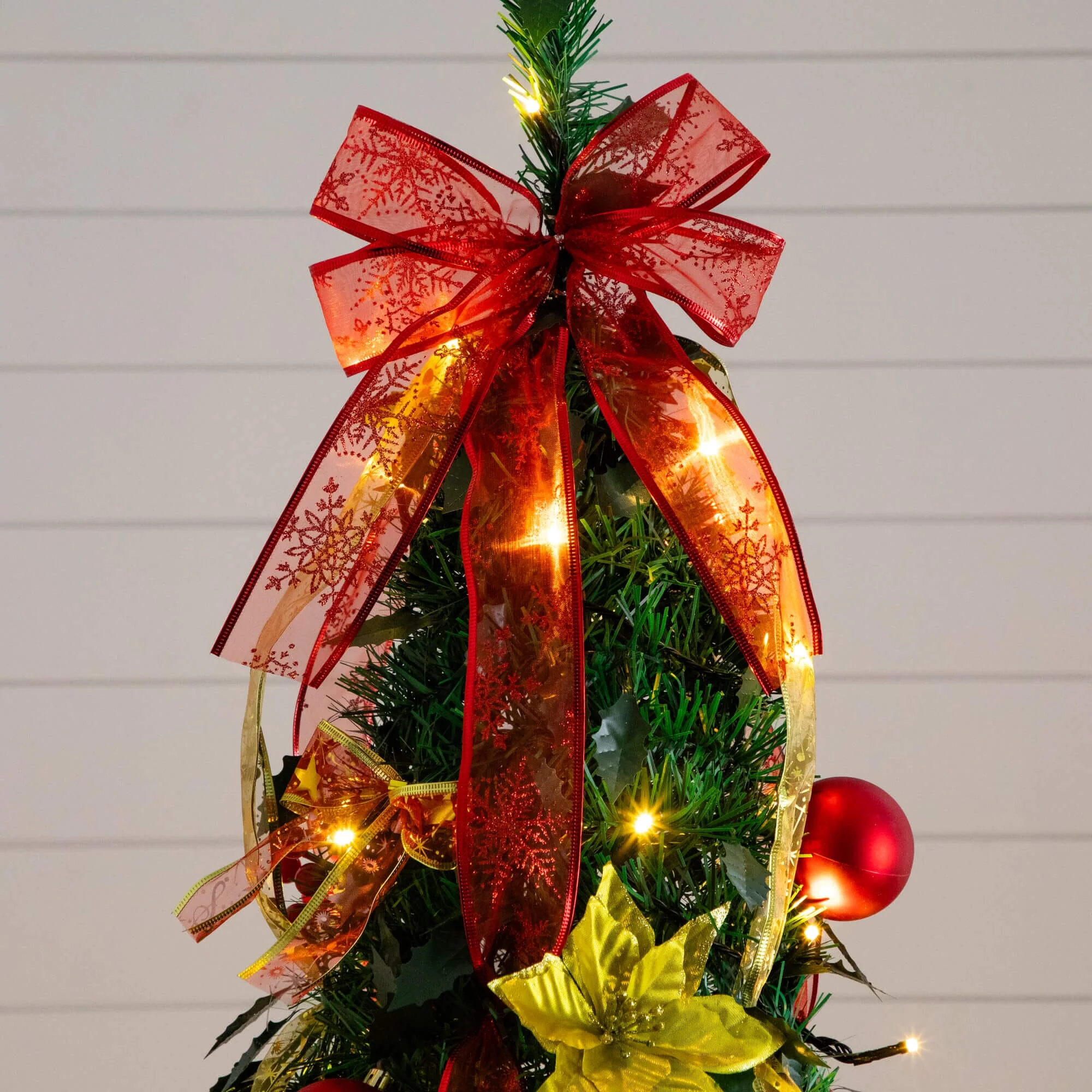 7' Pre-Lit Artificial Pop up Christmas Tree with Red & Gold Ornaments, Ribbons and 180 Warm White LED Lights - Image 6