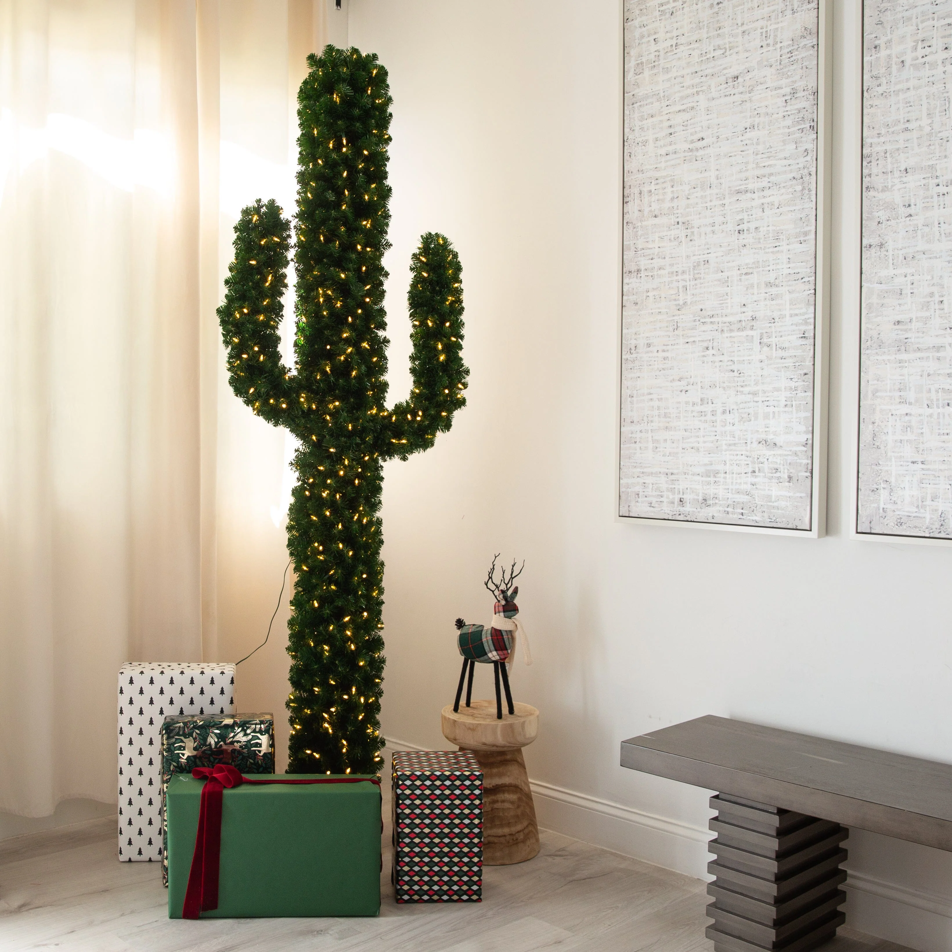 7' Pre-Lit Artificial Cactus Christmas Tree with 500 Micro LED Lights - Image 3
