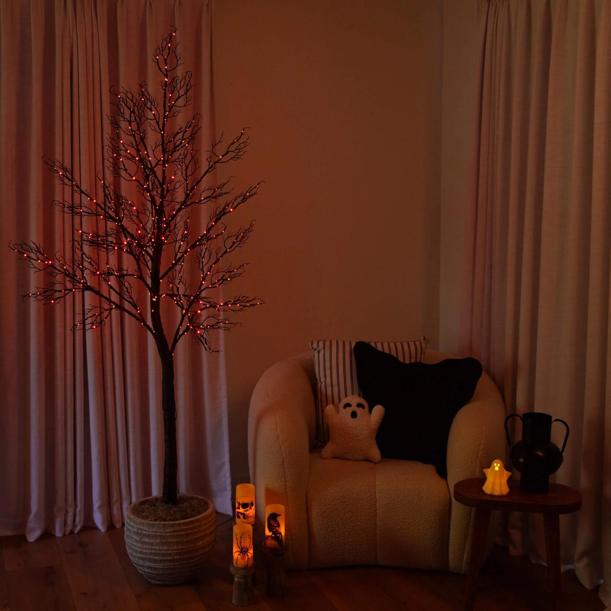 7' Pre-Lit Halloween Minimalist Twig Artificial Fall Tree with 400 Orange & Purple LED Lights - Image 3