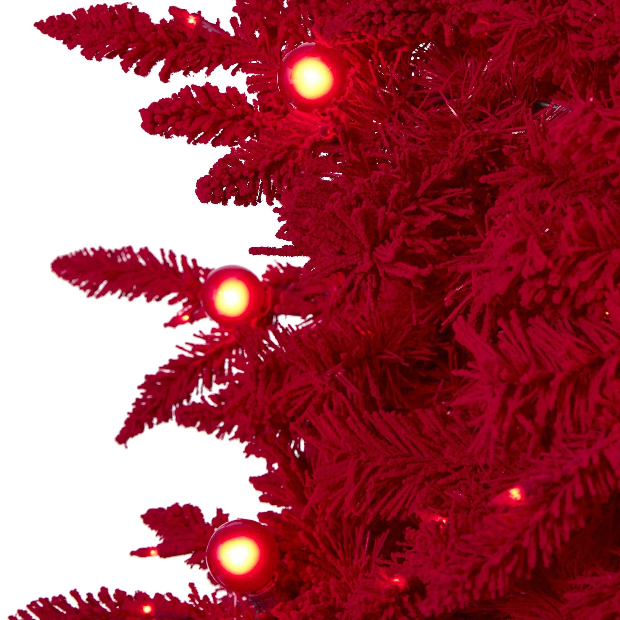 7' Red Flocked Fraser Fir Artificial Christmas Tree with 500 Red Lights, 40 Globe Bulbs and 1039 Bendable Branches - Image 3