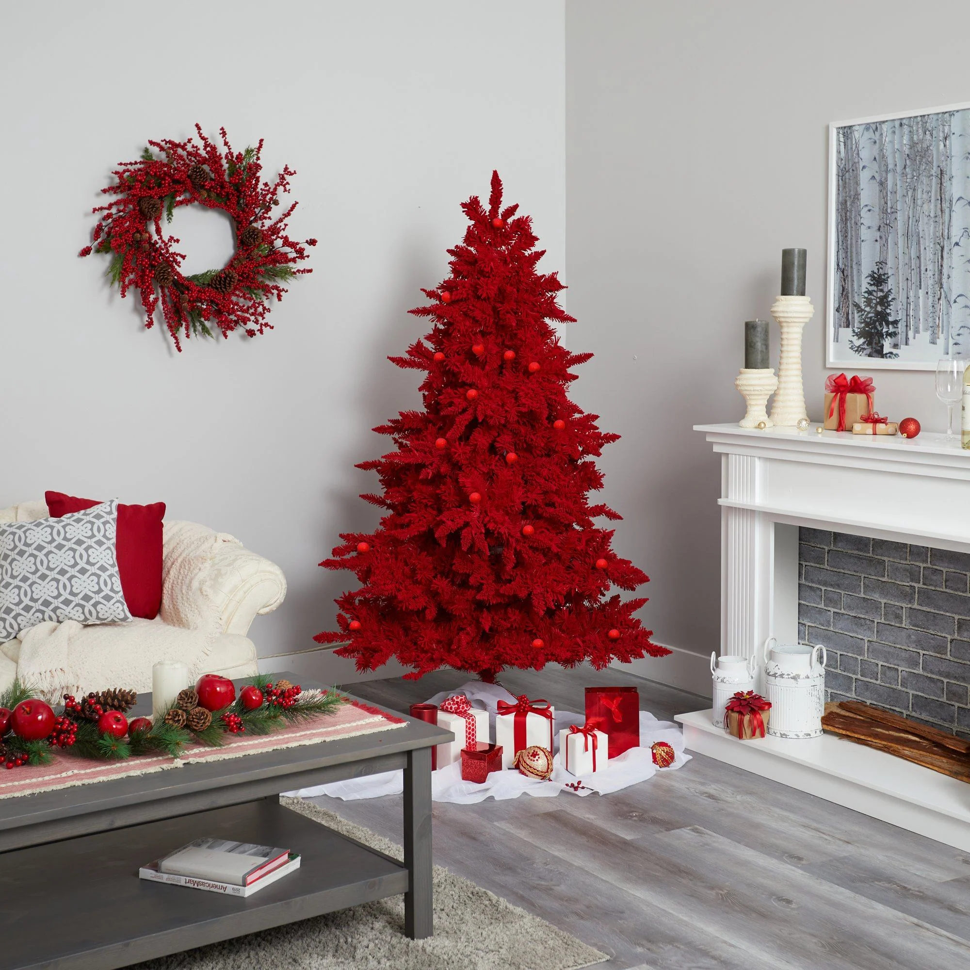 7' Red Flocked Fraser Fir Artificial Christmas Tree with 500 Red Lights, 40 Globe Bulbs and 1039 Bendable Branches - Image 5