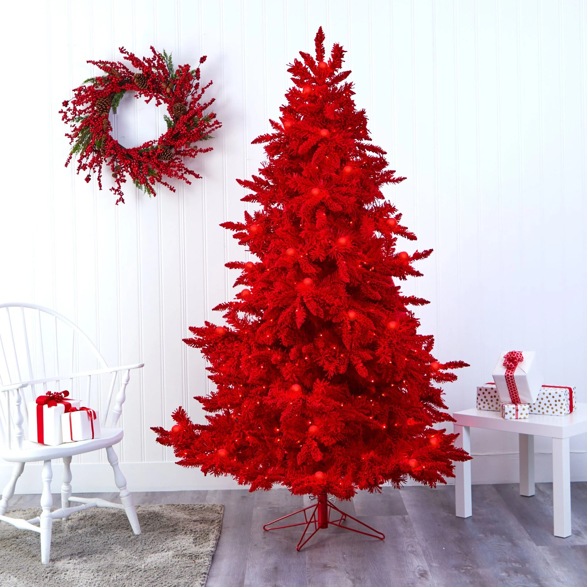 7' Red Flocked Fraser Fir Artificial Christmas Tree with 500 Red Lights, 40 Globe Bulbs and 1039 Bendable Branches - Image 6