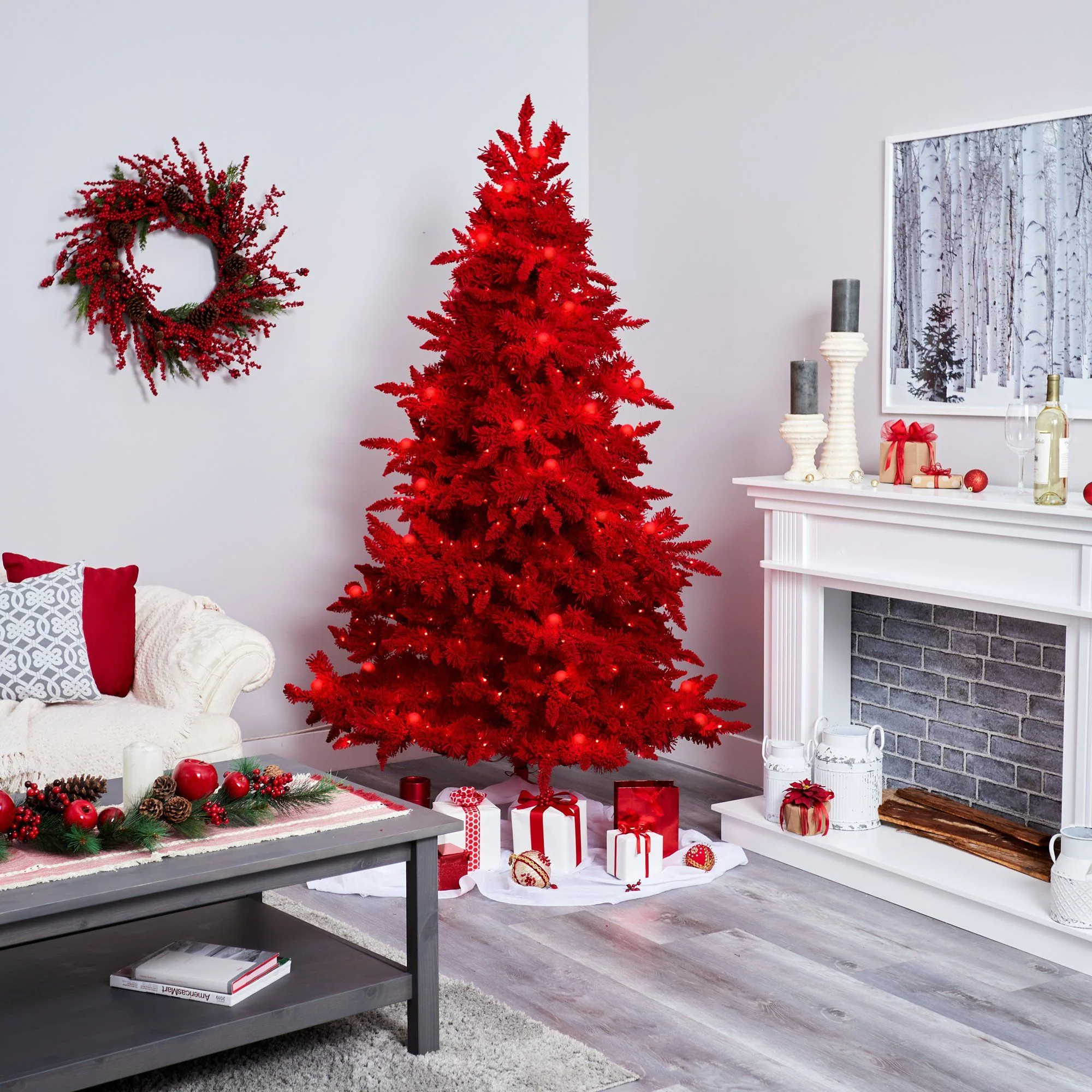 7' Red Flocked Fraser Fir Artificial Christmas Tree with 500 Red Lights, 40 Globe Bulbs and 1039 Bendable Branches - Image 7