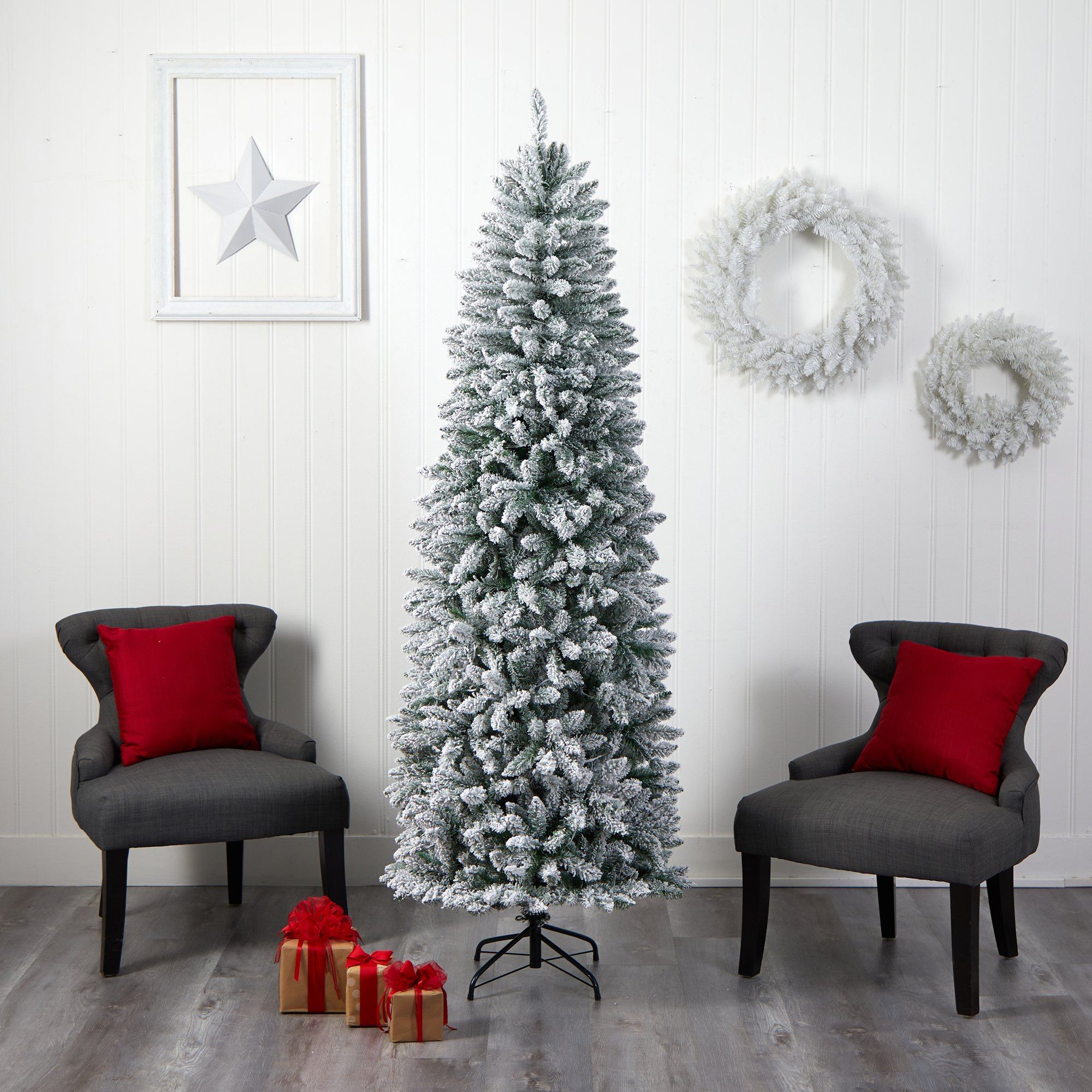 7’ Slim Flocked Montreal Fir Christmas Tree with 300 Warm White LED Lights and 995 Bendable Branches - Image 10
