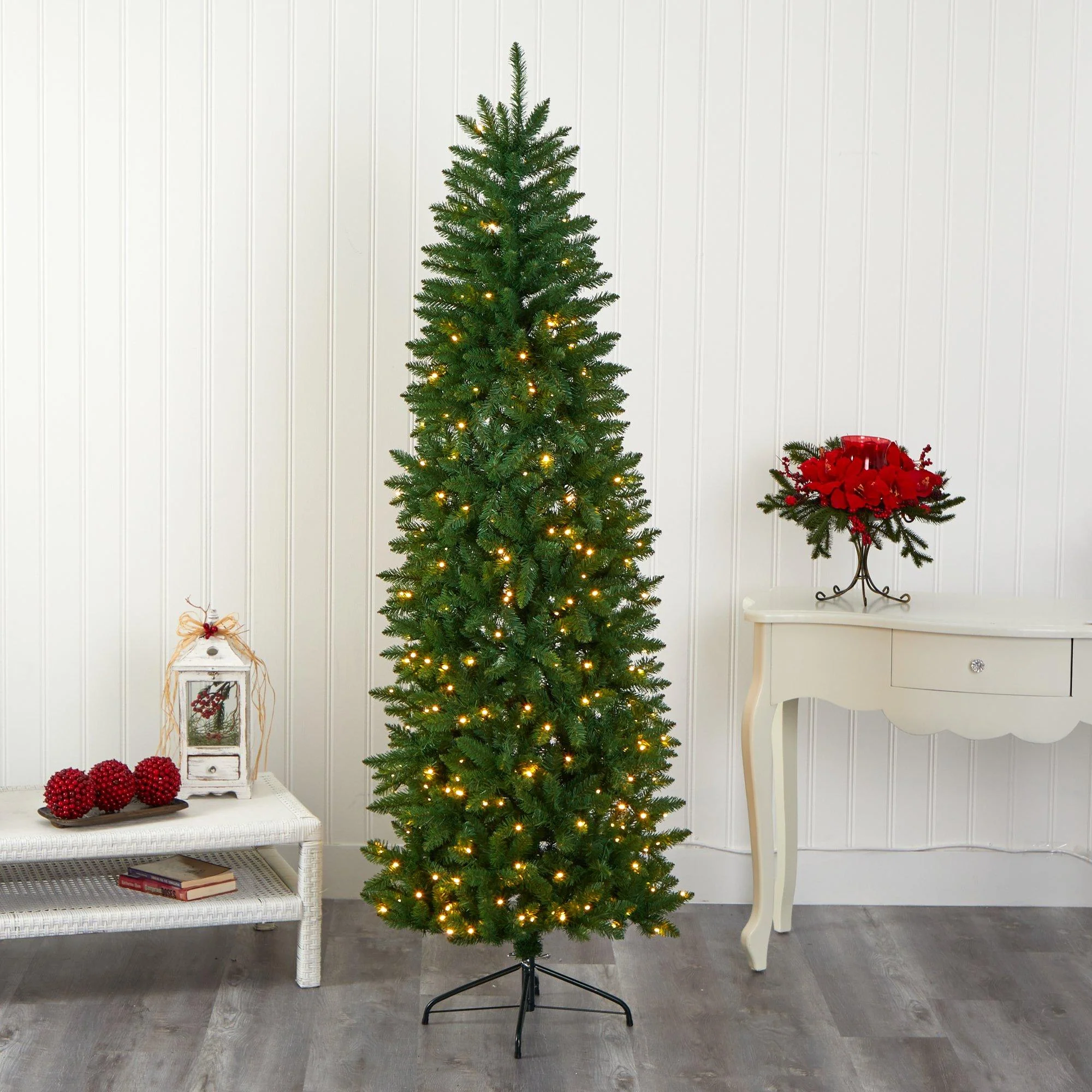 7’ Slim Green Mountain Pine Artificial Christmas Tree with 300 Clear LED Lights - Image 6