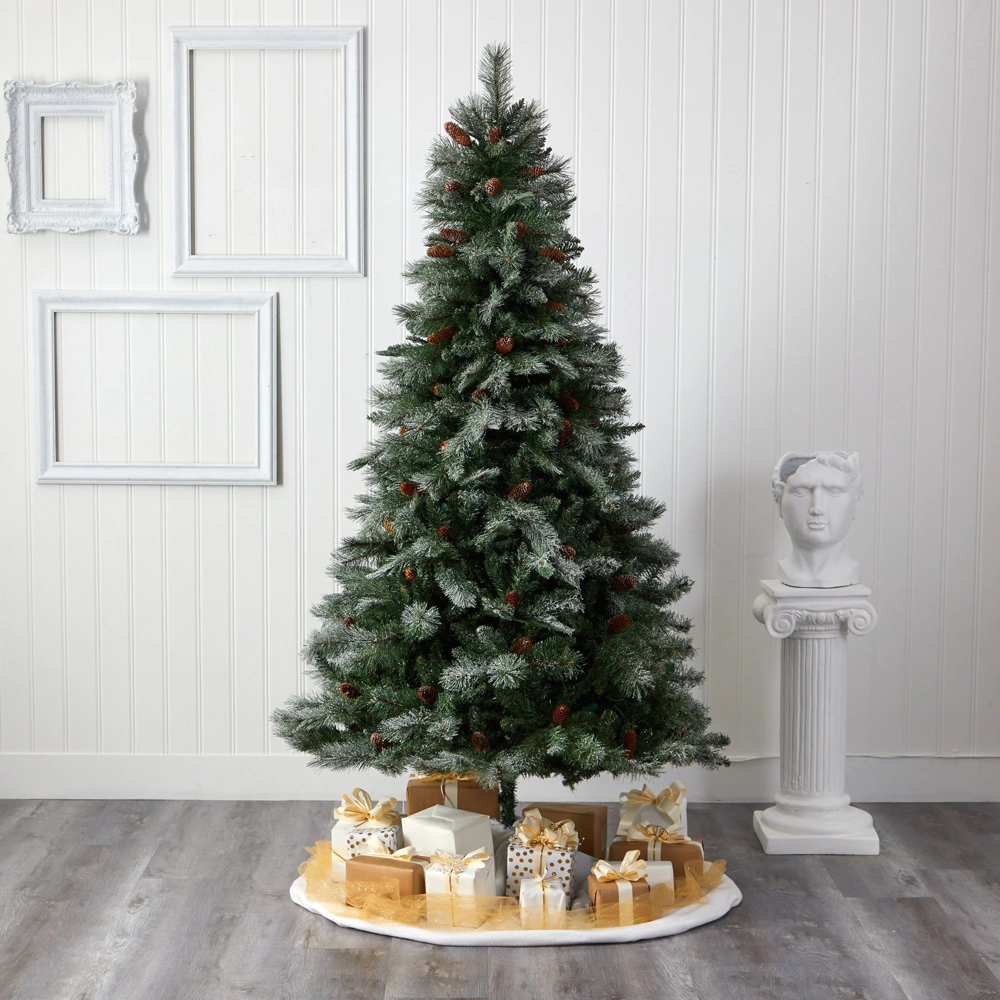 7’ Snowed French Alps Mountain Pine Artificial Christmas Tree with 833 Bendable Branches and Pine Cones - Image 5