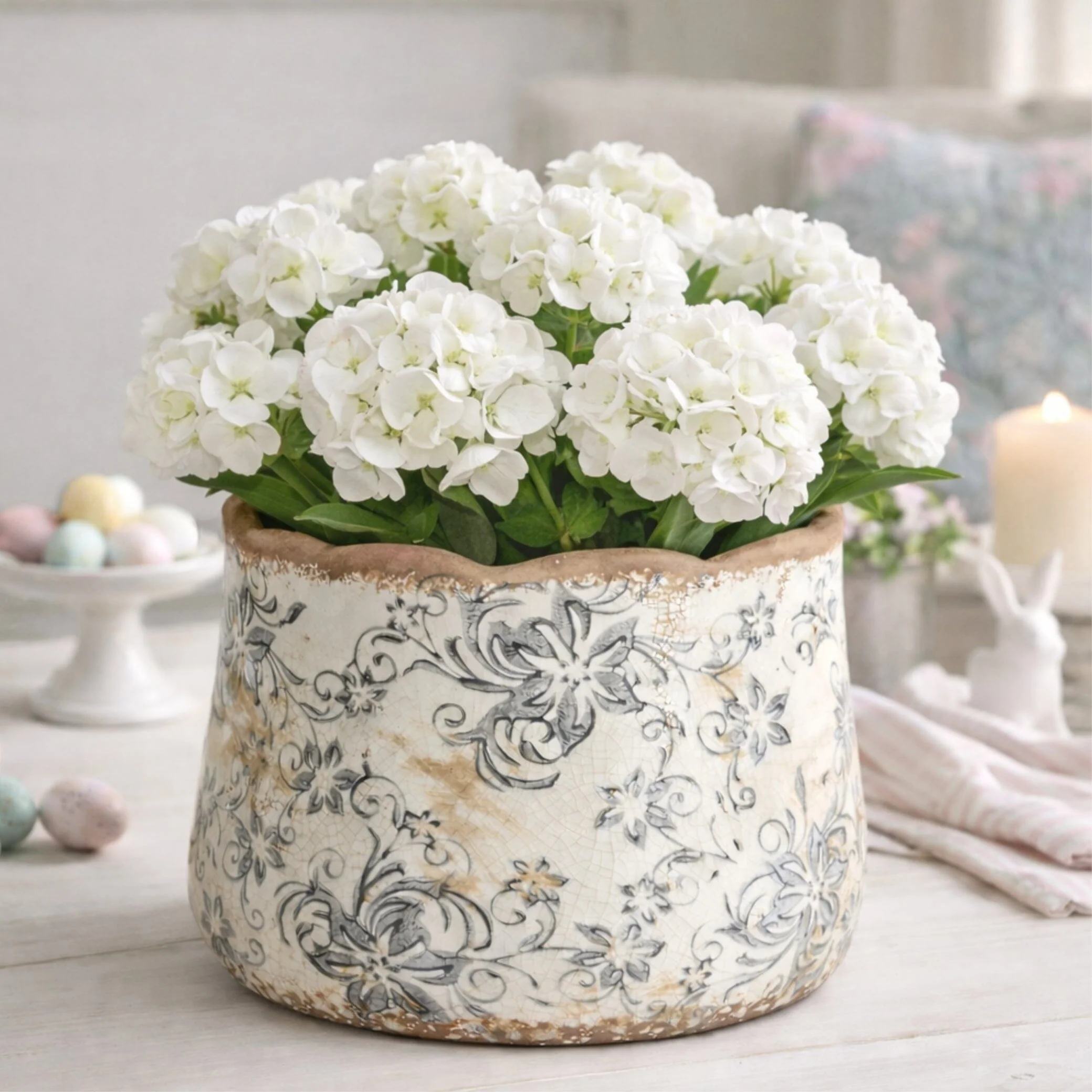 7” Tuscan Ceramic Gray Scroll Planter - Image 2